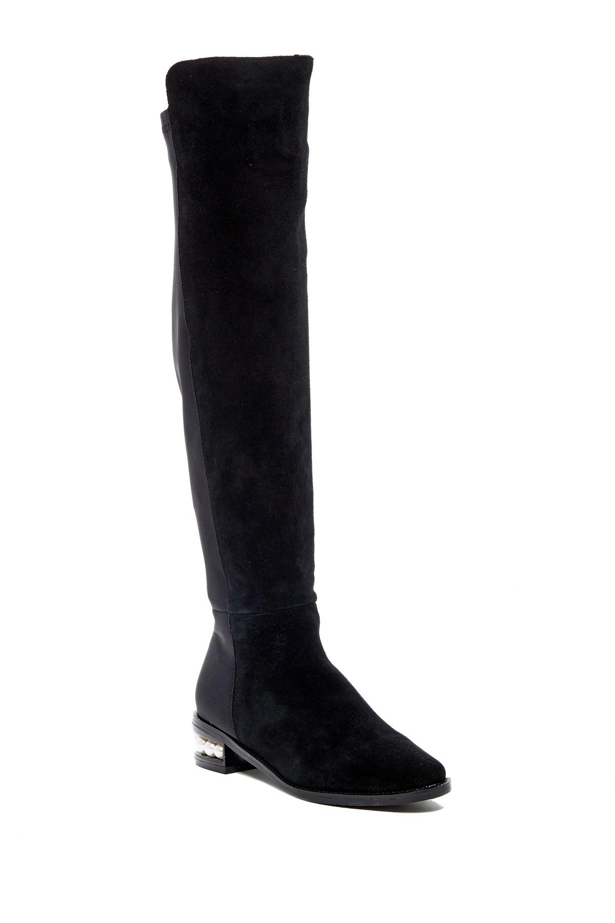 Cleo Suede And Leather-trimmed Fishnet Over-the-knee Sock Boots In Black