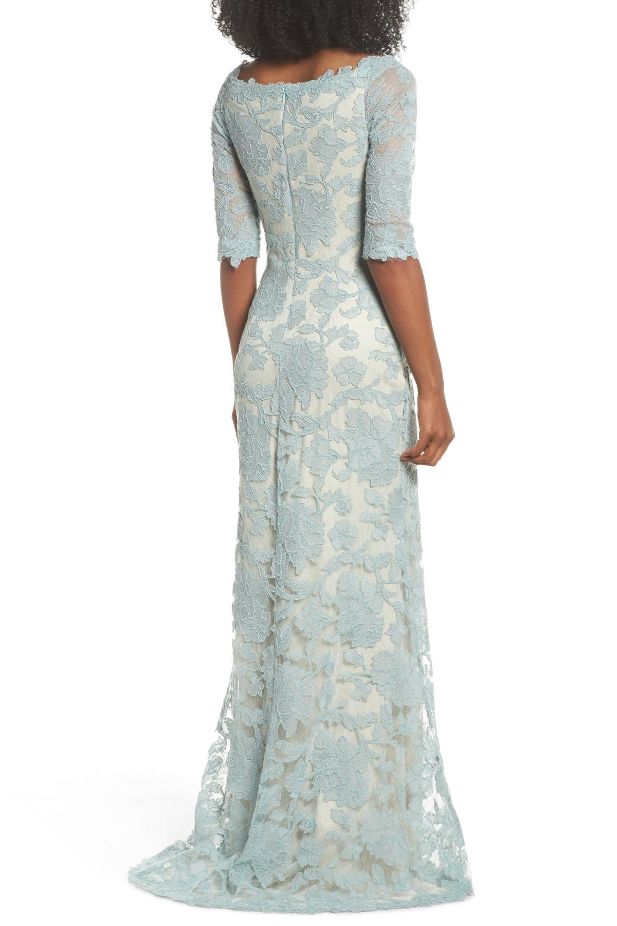 tadashi shoji embroidered boat neck mermaid gown