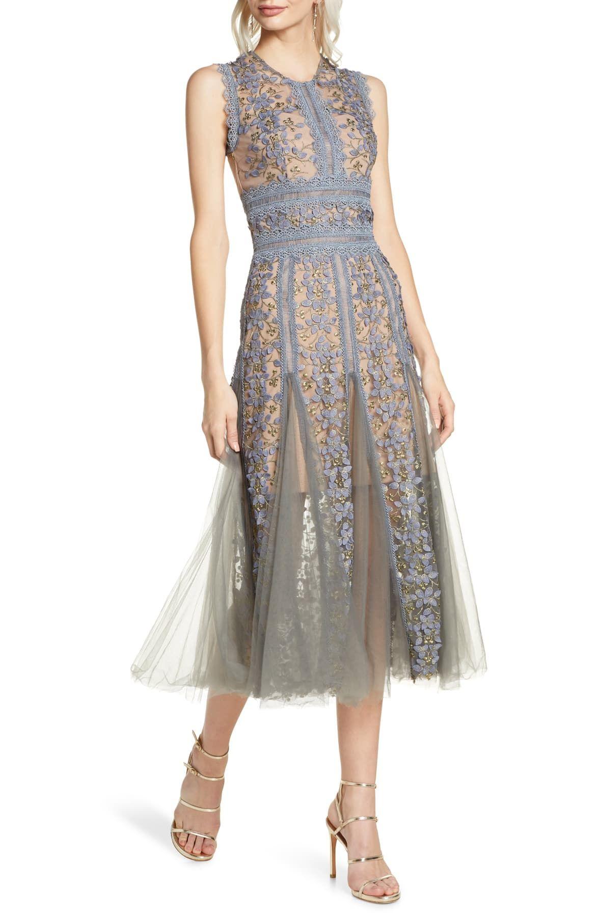 Bronx and Banco Megan Grey Floral Lace Midi Dress in Gray | Lyst