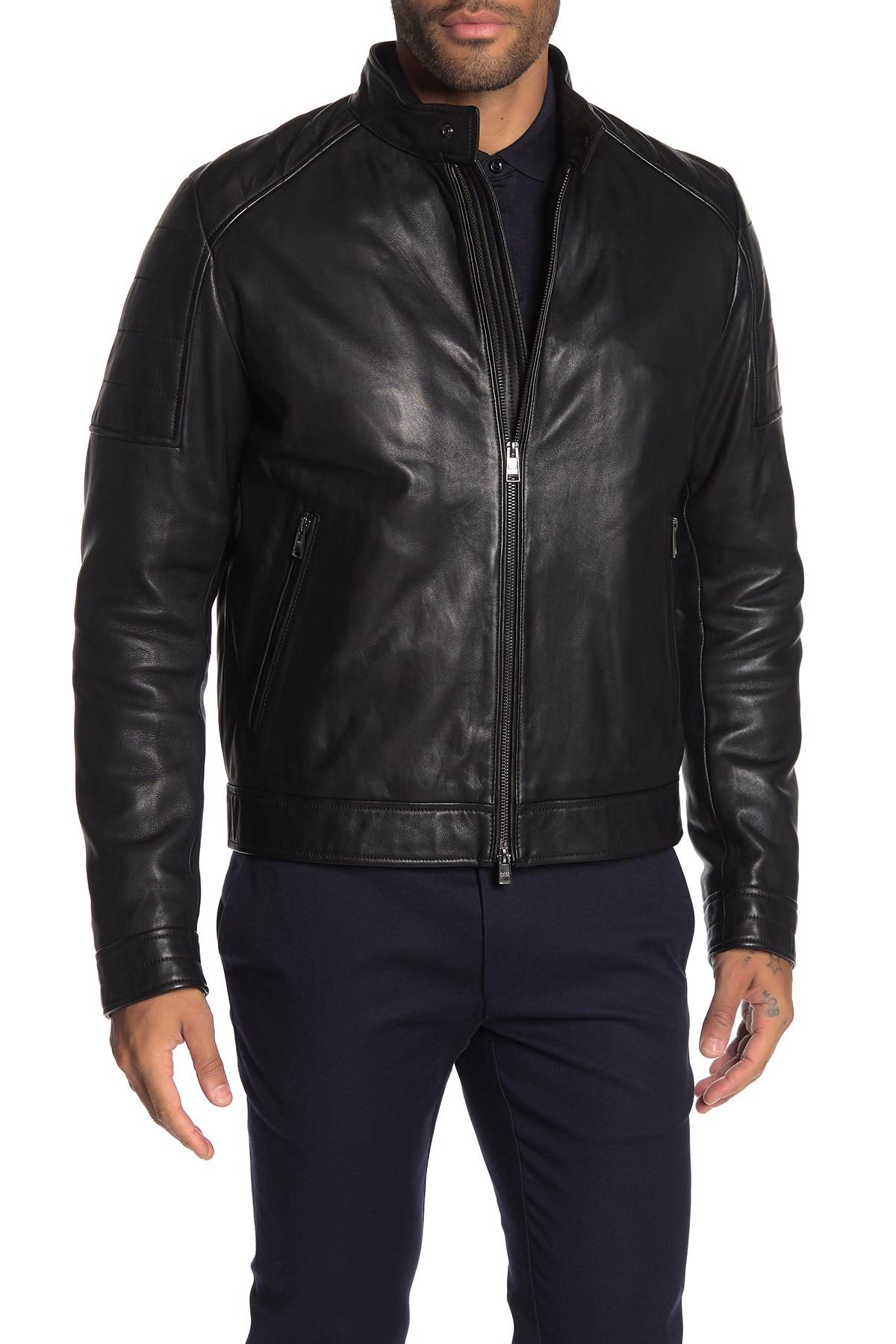 BOSS Getani Sheepskin Leather Moto Jacket in Black for Men - Lyst
