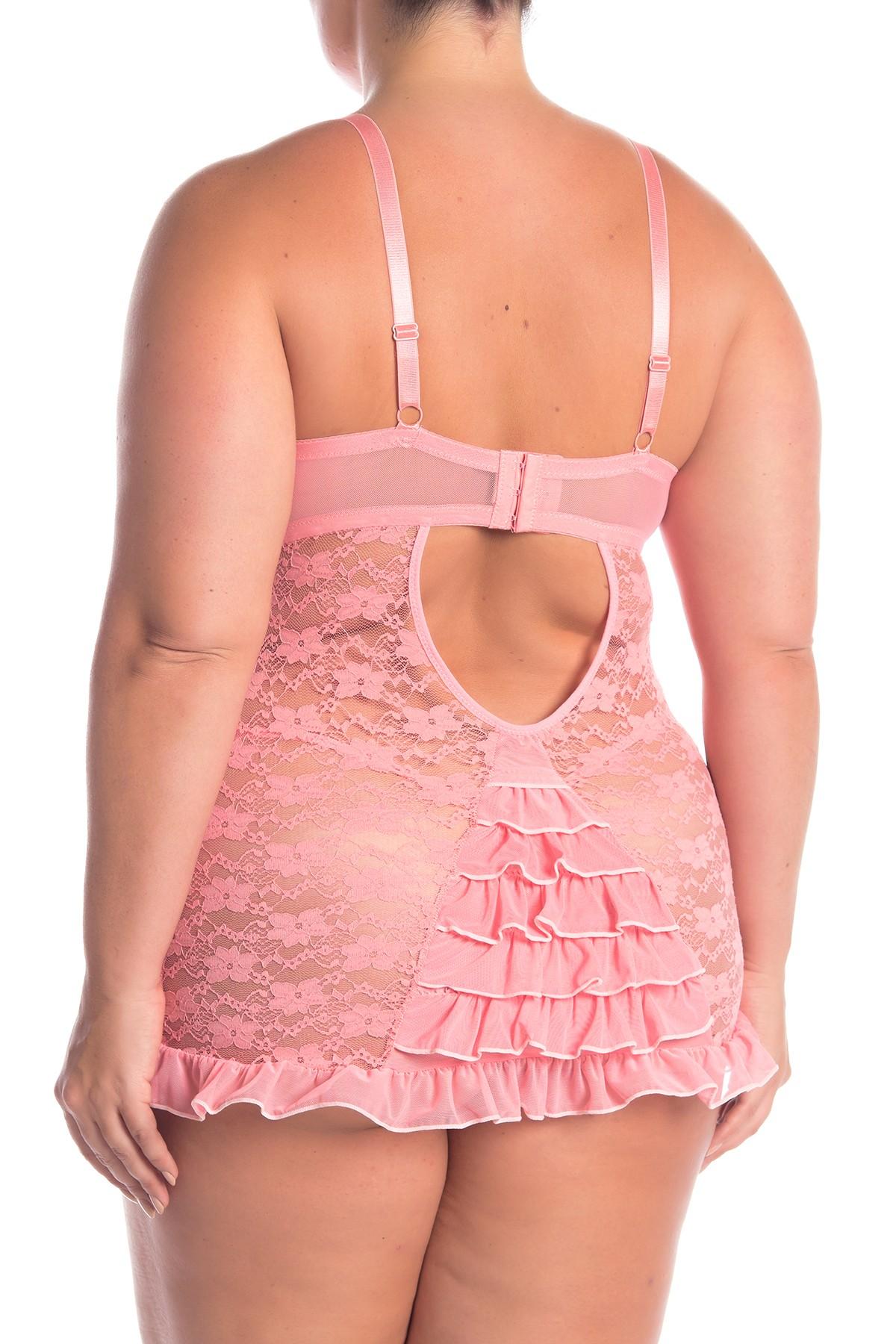 Jessica Simpson Ruffled Lace Chemise & Thong 2-piece Set (plus Size) in  Pink