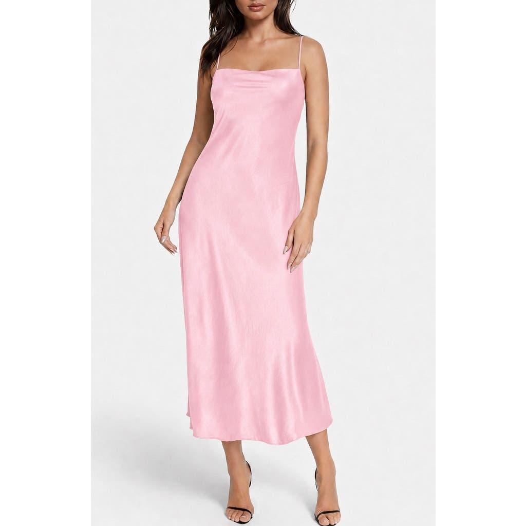 bebe pink slip dress Hammered Satin Cowl Neck Pearl Strap Maxi Dress bebe