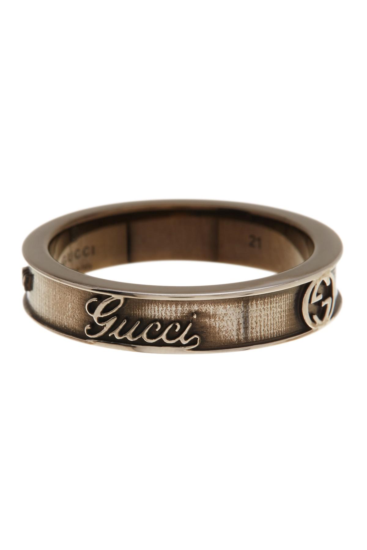 Gucci Antique Finish Logo Craft Band Ring Size 9.5 in Silver