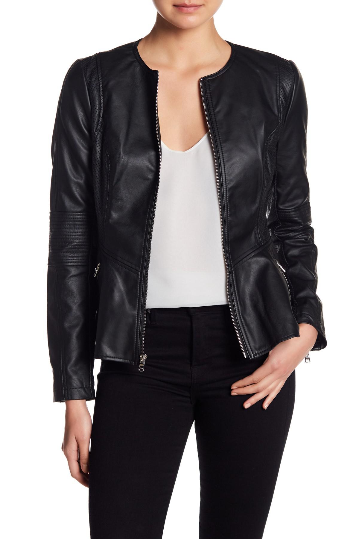 Guess Peplum Faux Leather Jacket in Black | Lyst