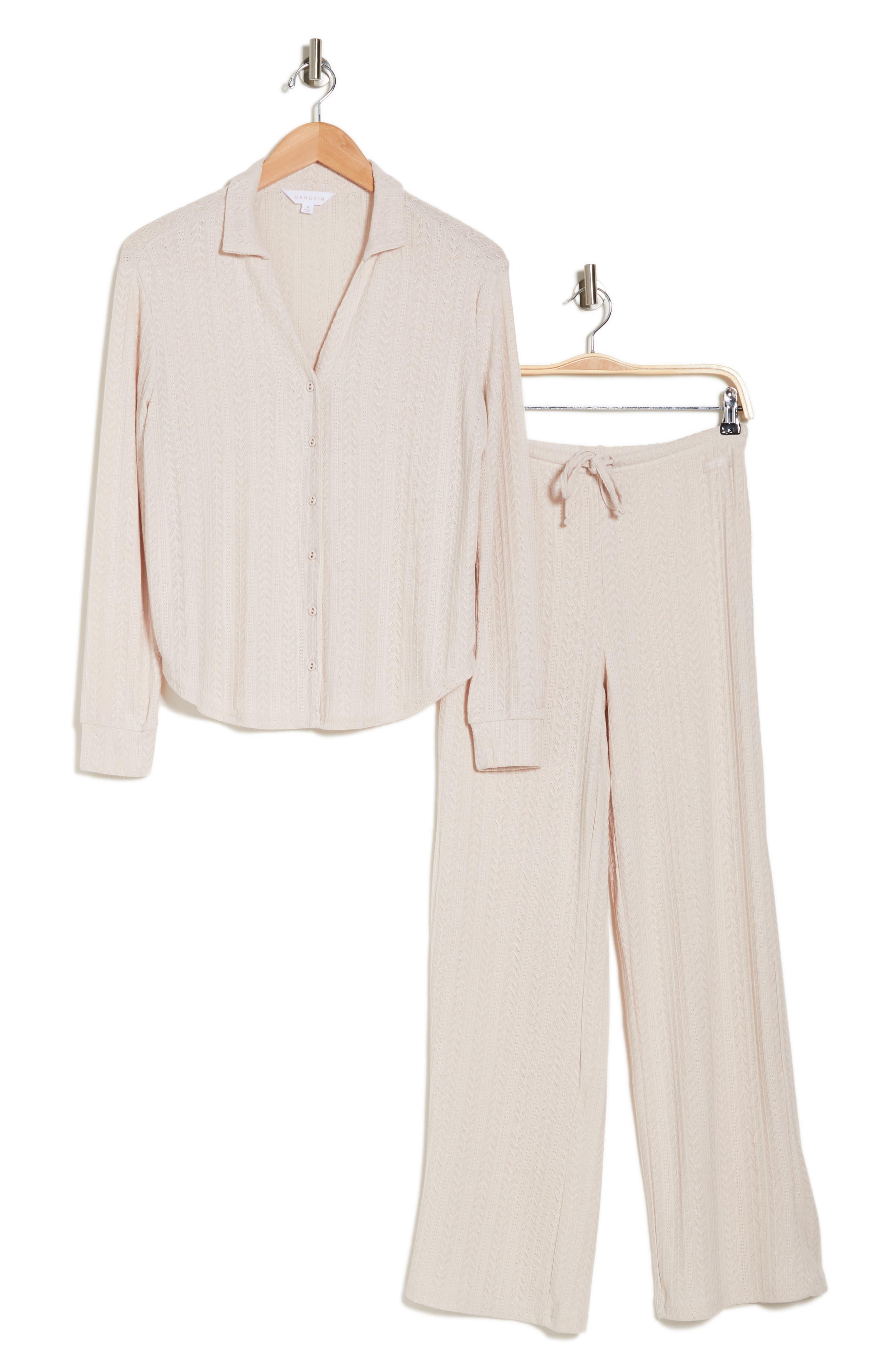Danskin Pointelle Long Sleeve Button-up Shirt & Pants Pajamas | Lyst