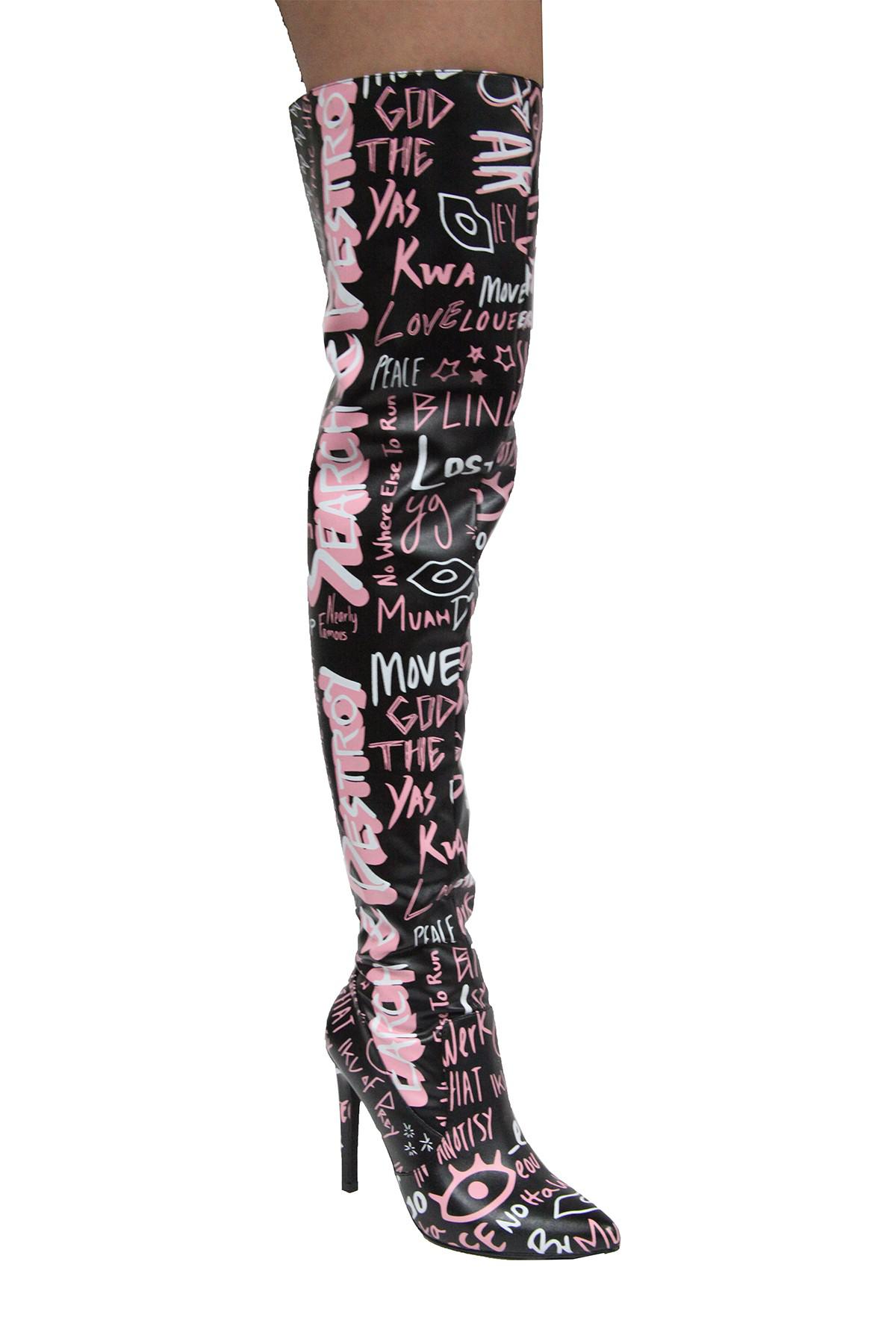 Cape Robbin Gigi Graffiti Thigh High Boot in Black | Lyst