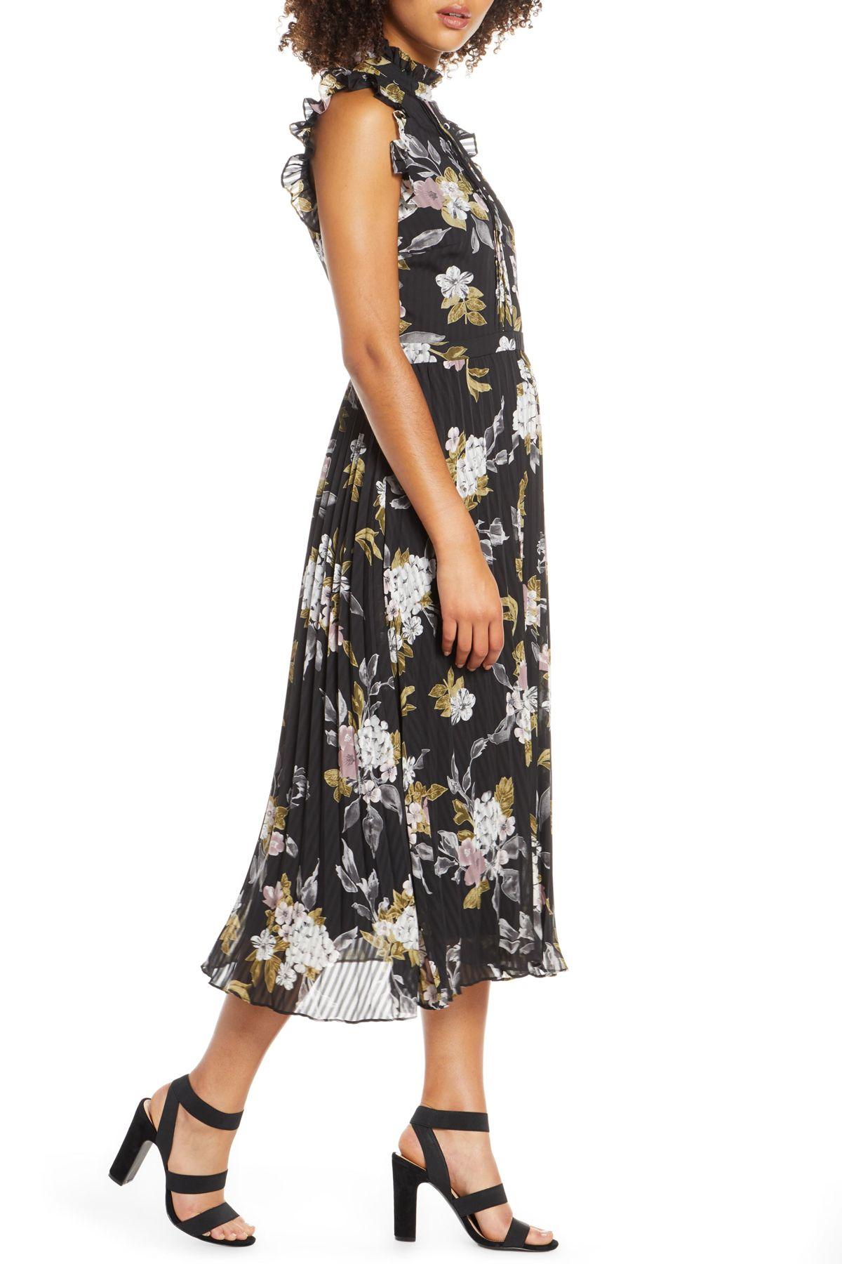 Chiffon Floral Print Pleated Dress 