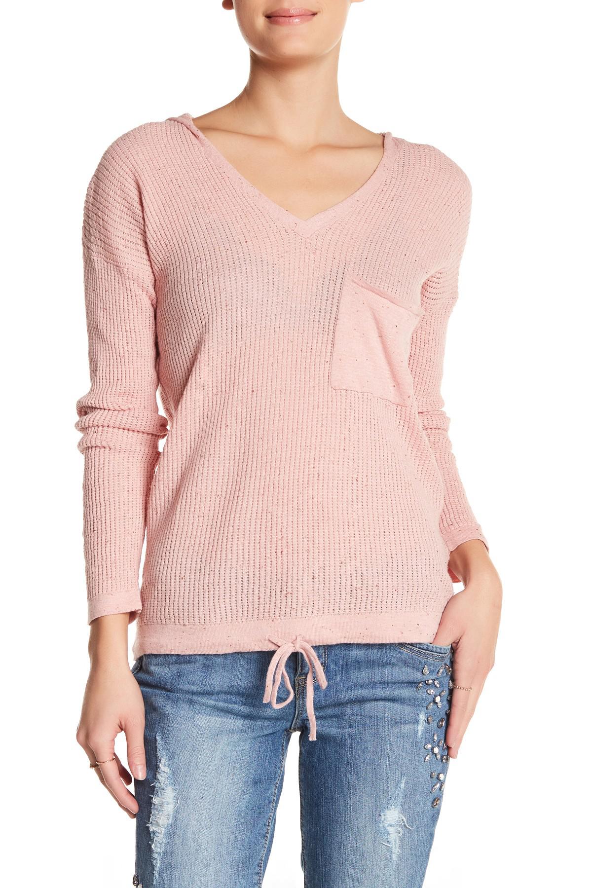 Democracy Hooded Knit V-neck Sweater in Pink | Lyst