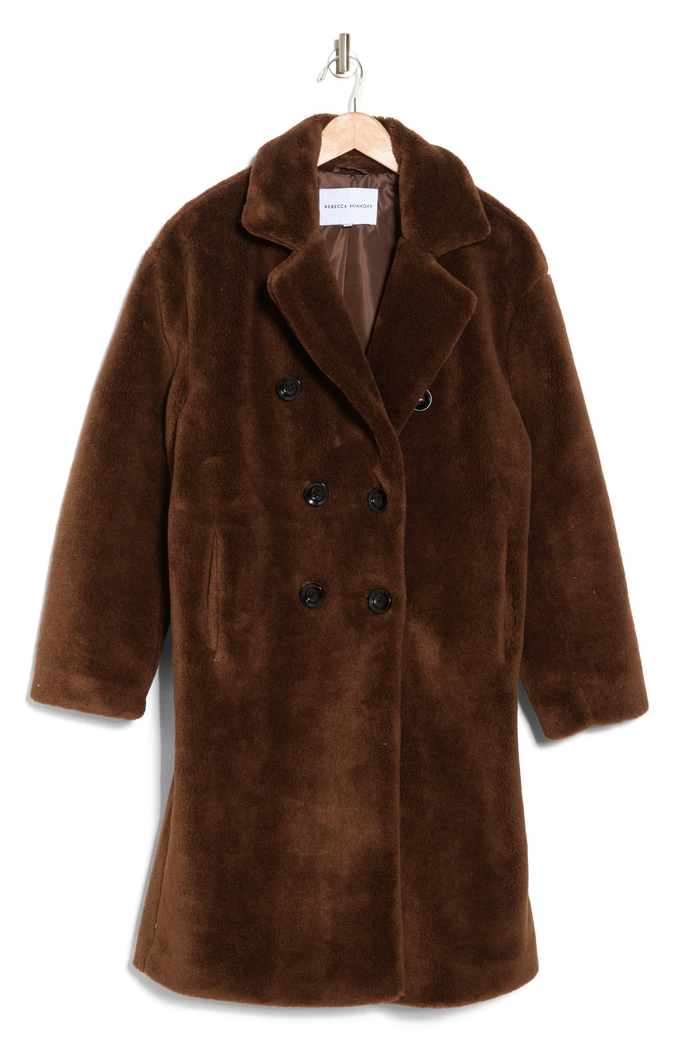Rebecca Minkoff Faux Shearling Double Breasted Coat in Brown