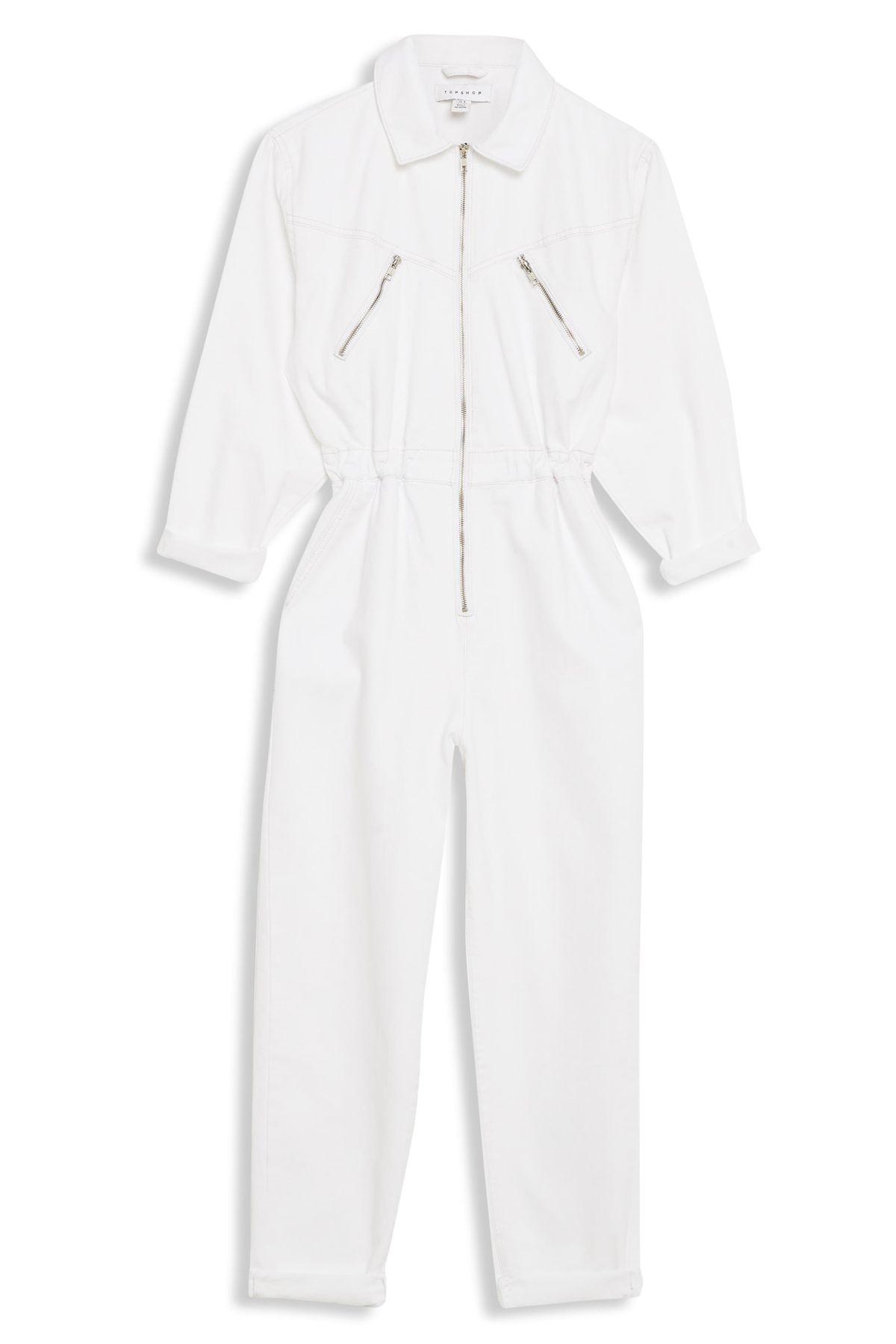 white denim utility jumpsuit