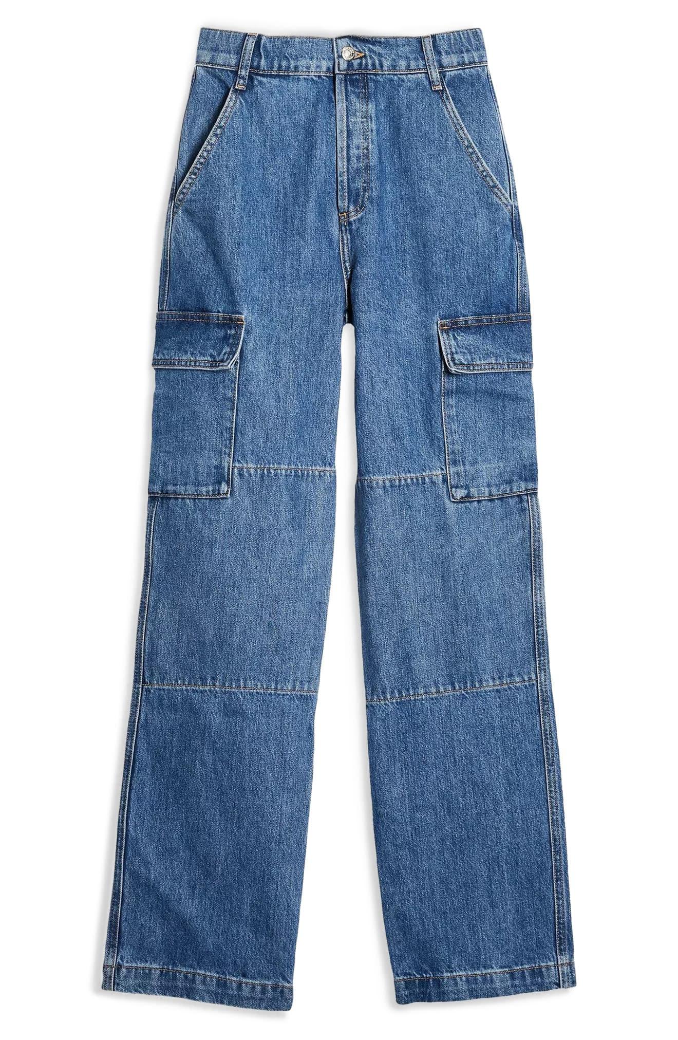 TOPSHOP Denim Combat Cargo Jeans in Mid Denim (Blue) - Lyst