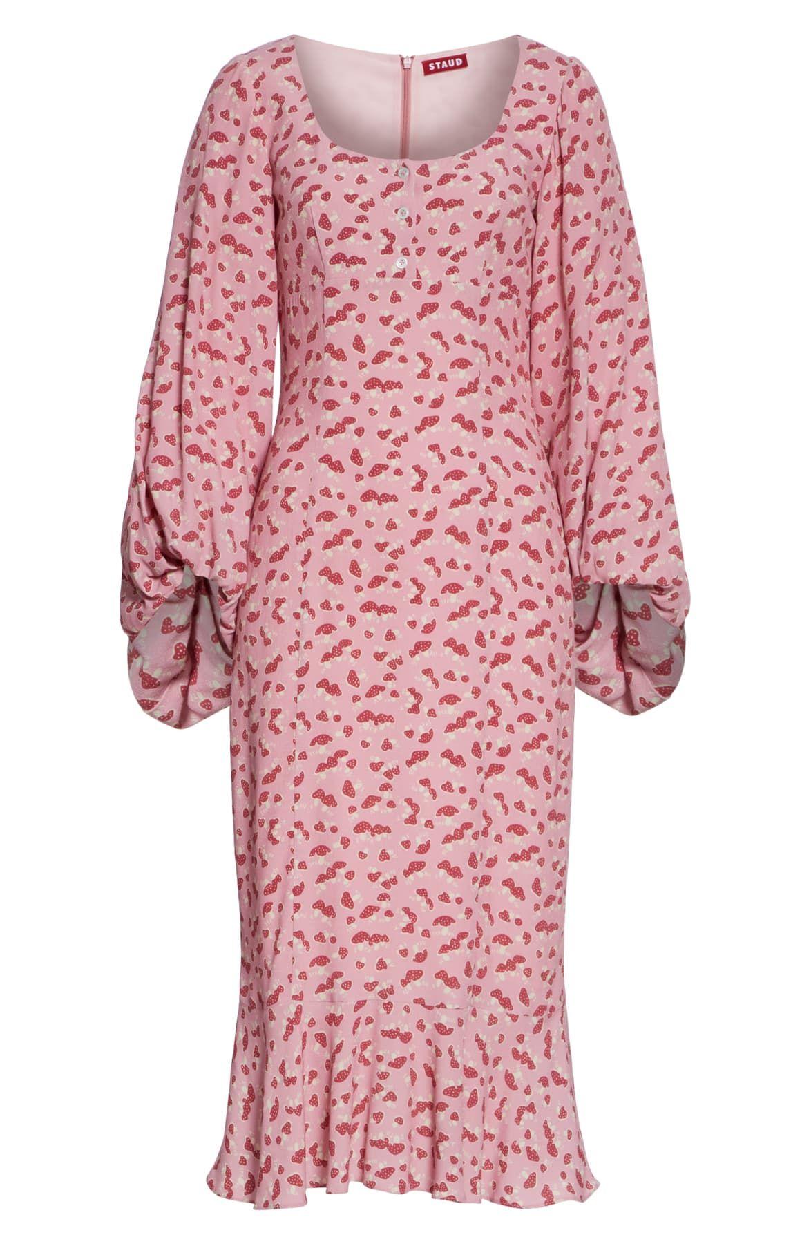 STAUD Mushroom Print Balloon Sleeve Midi Dress in Blush Mushroom (Pink