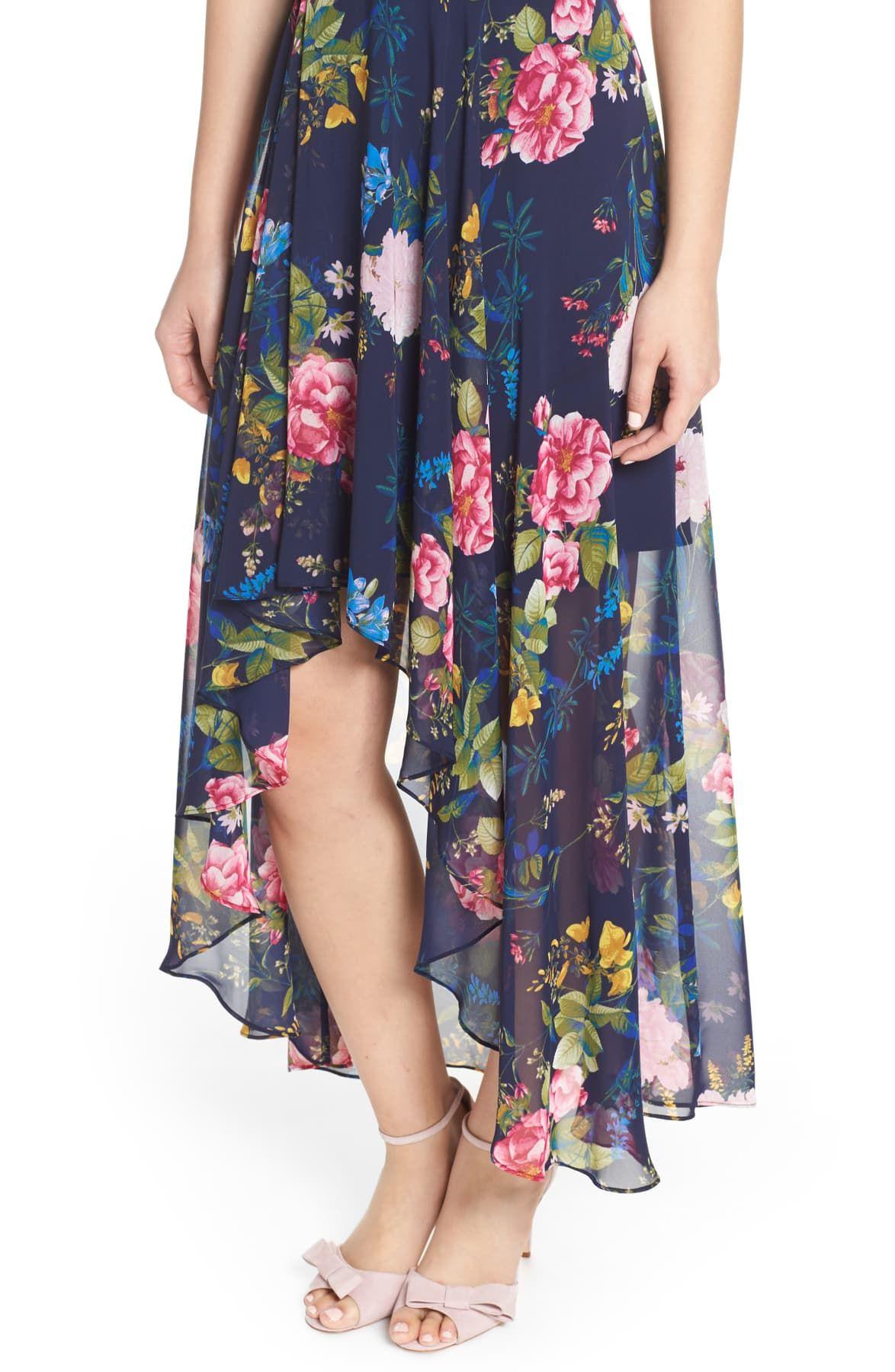 Eliza J Floral Print Chiffon High/low Halter Midi Dress in Navy (Blue) - Lyst