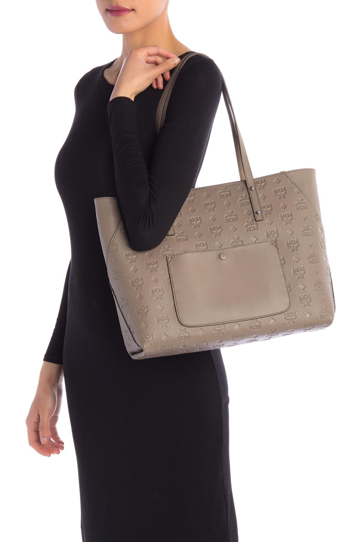 MCM Leather Klara Monogrammed Shopper Tote Bag in Natural - Lyst