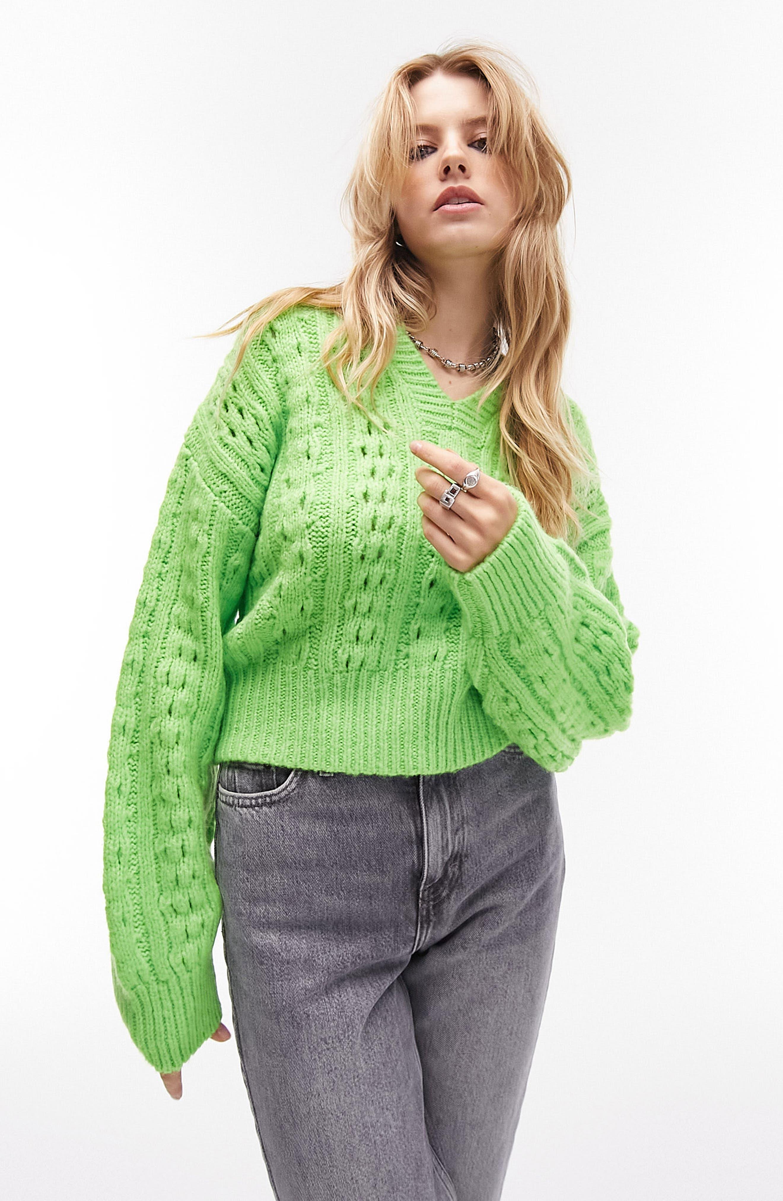TOPSHOP Cable Knit Sweater In Medium Green At Nordstrom Rack | Lyst