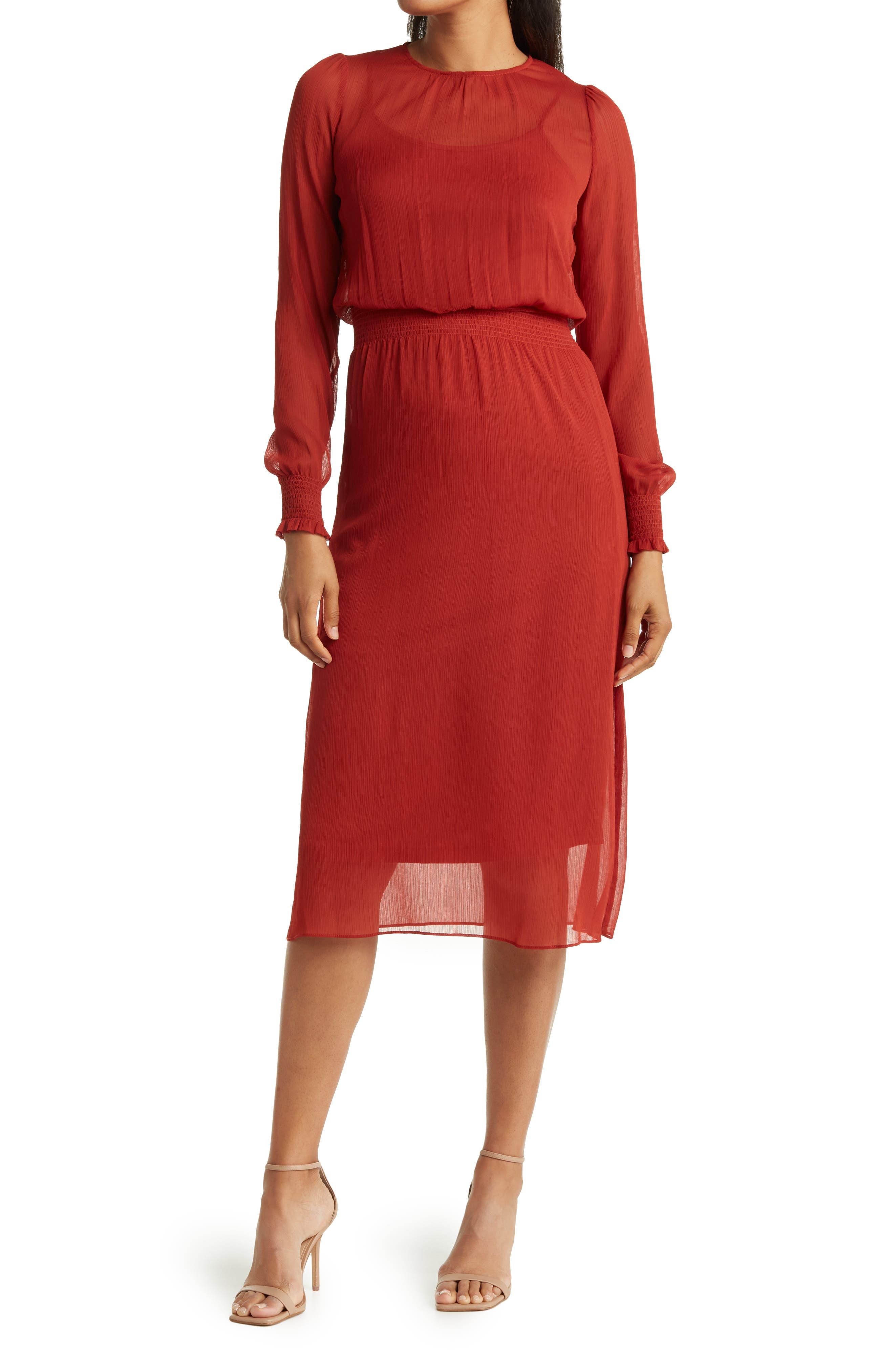 Tommy Hilfiger Long Sleeve Smocked Waist Dress In Cinnamon At Nordstrom  Rack in Red | Lyst