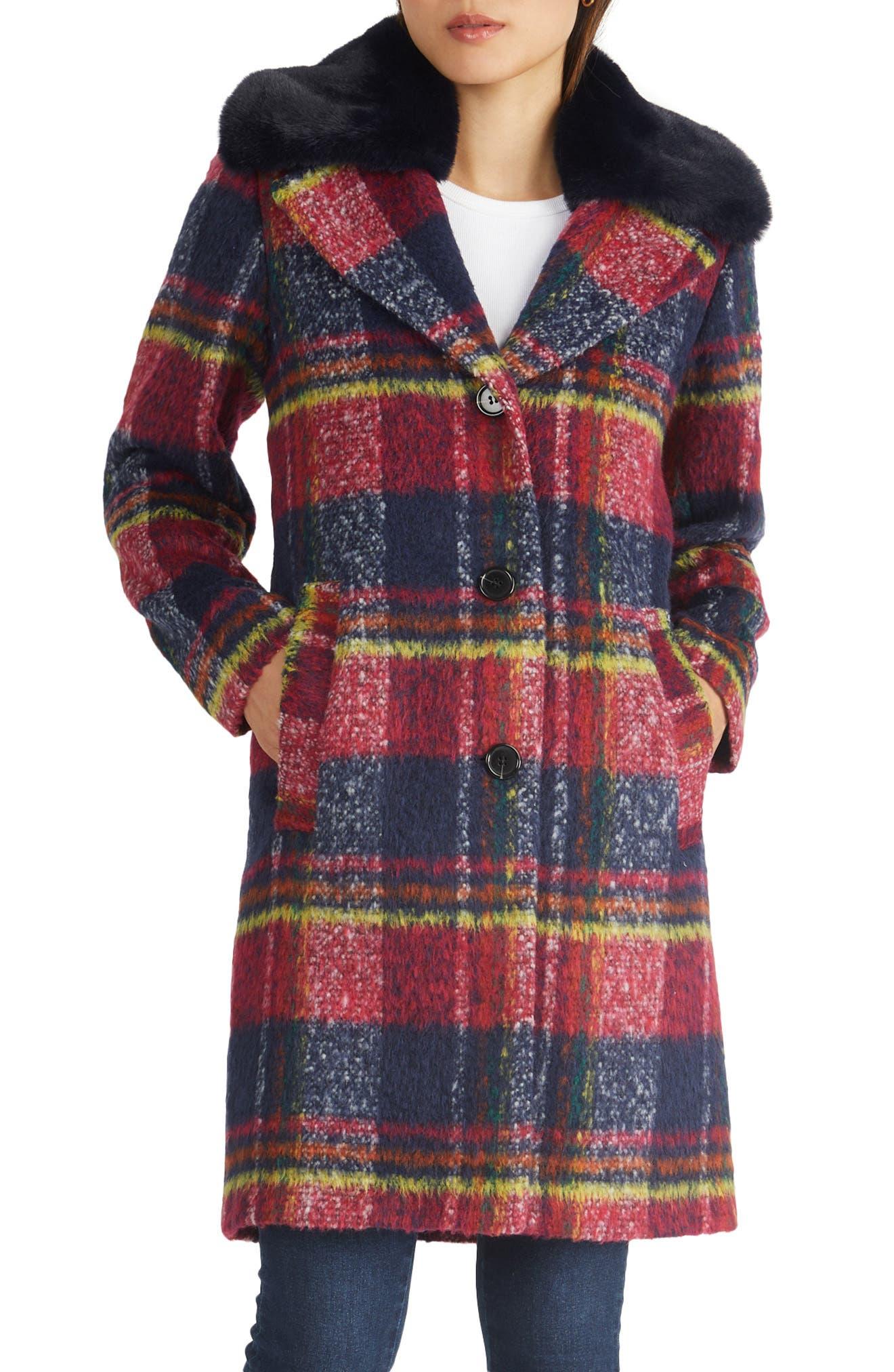 NVLT Faux Fur Collared Plaid Coat In Fuschia At Nordstrom Rack Lyst