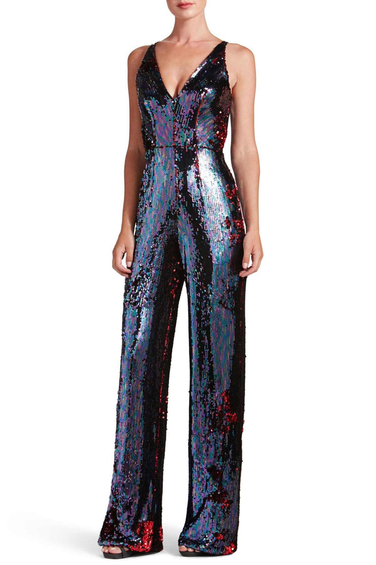 DRESS THE POPULATION Womens Charlie Plunging Sequin Sleeveless Jumpsuit