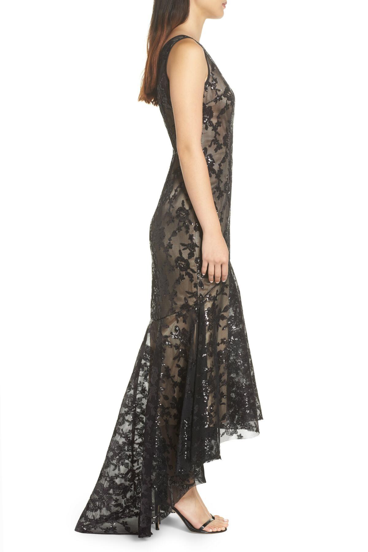 Eliza J Sequin & Lace High/low Trumpet Gown (regular & Petite) in Black -  Lyst