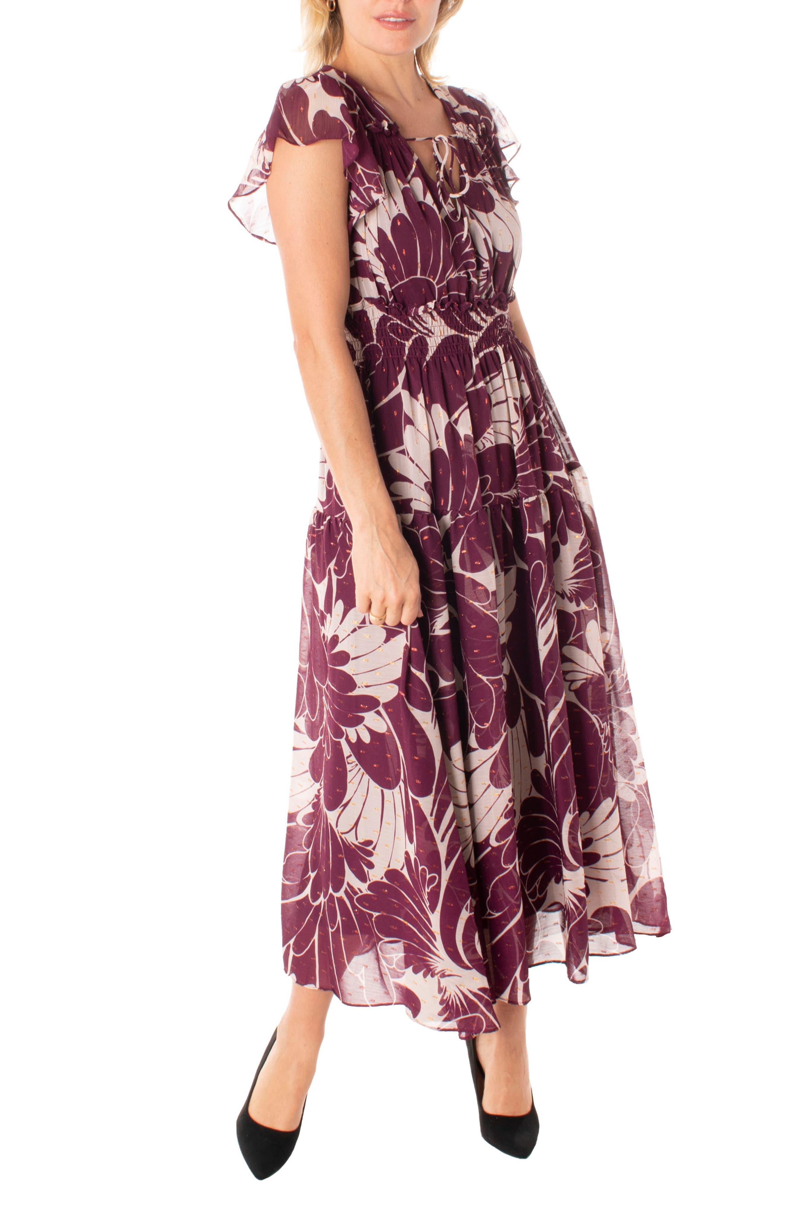 Taylor Dresses Floral Chiffon Flutter Sleeve Tiered Midi Dress