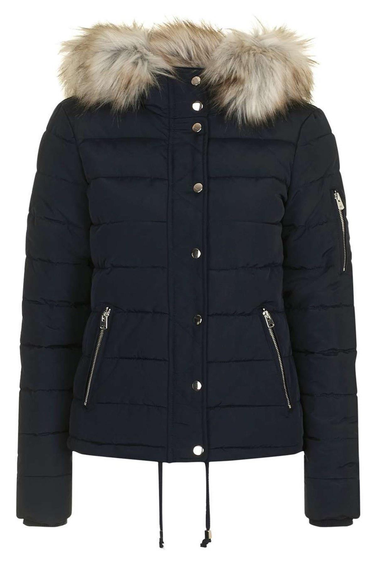 navy puffer coat with fur hood
