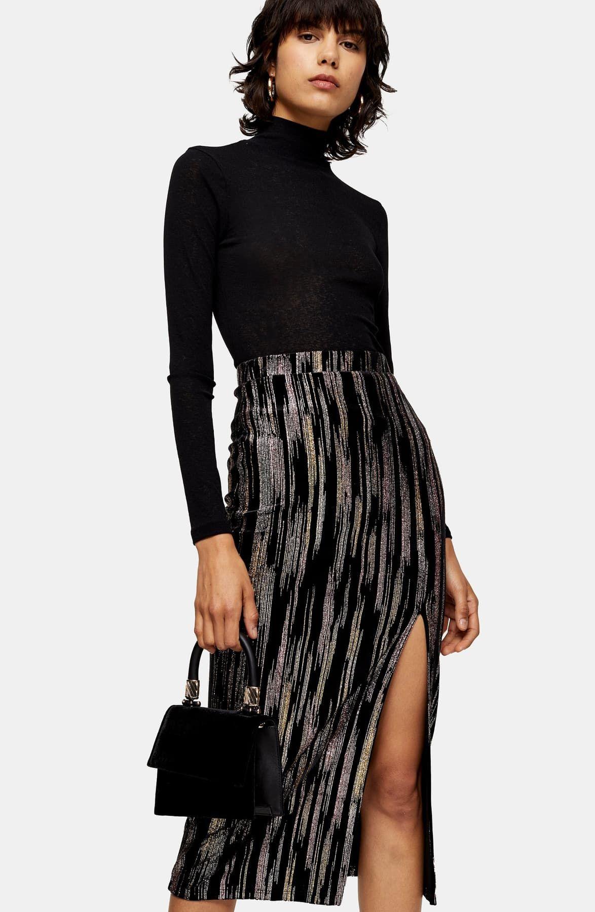TOPSHOP Velvet Glitter Midi Skirt in Black | Lyst