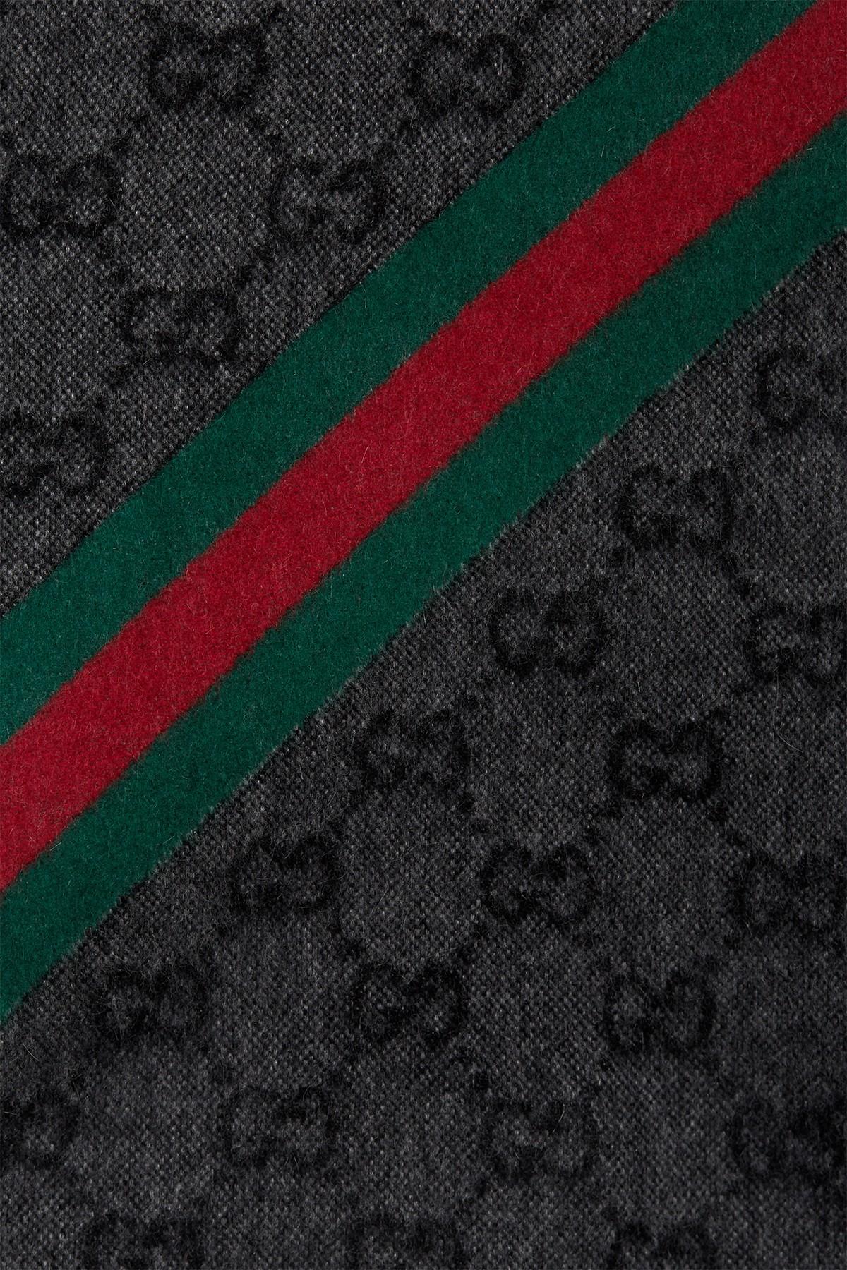 gucci fringe logo wool blend scarf
