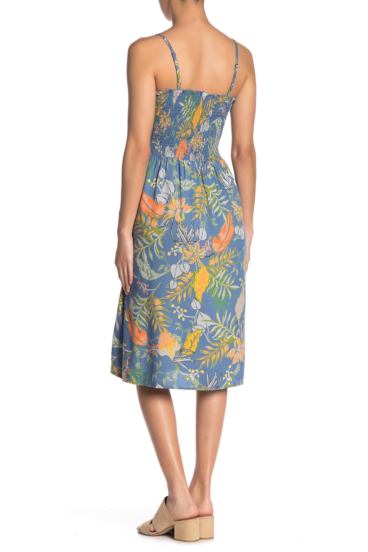 Angie Tropical Print Smocked Midi Dress in Blue - Lyst