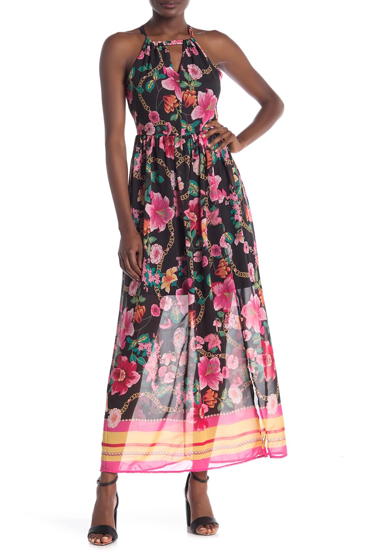 Nicole Miller Synthetic Sleeveless Keyhole Floral Print Maxi Dress - Lyst