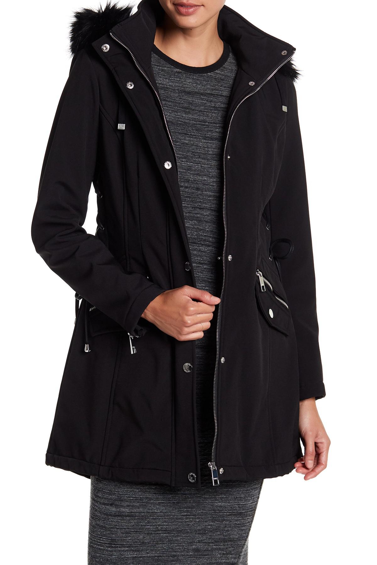 Guess Side Lace-up Faux Fur Trim Hooded Jacket in Black | Lyst