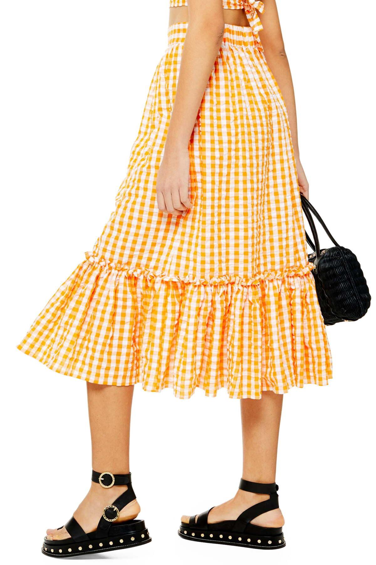 Shining Mark overraskende TOPSHOP Cotton Gingham Ruffle Midi Skirt in Orange - Lyst
