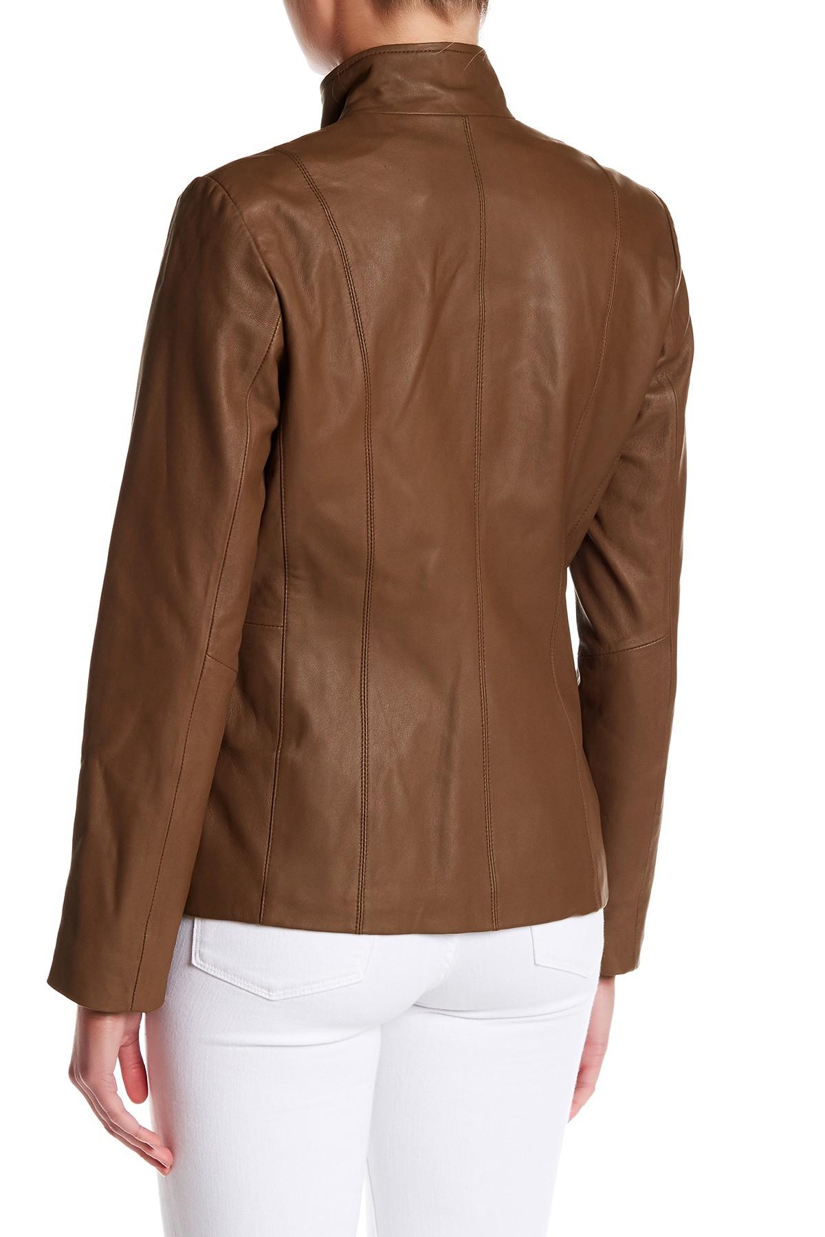 Cole Haan Genuine Leather Front Zip Wing Collar Jacket in Brown - Lyst