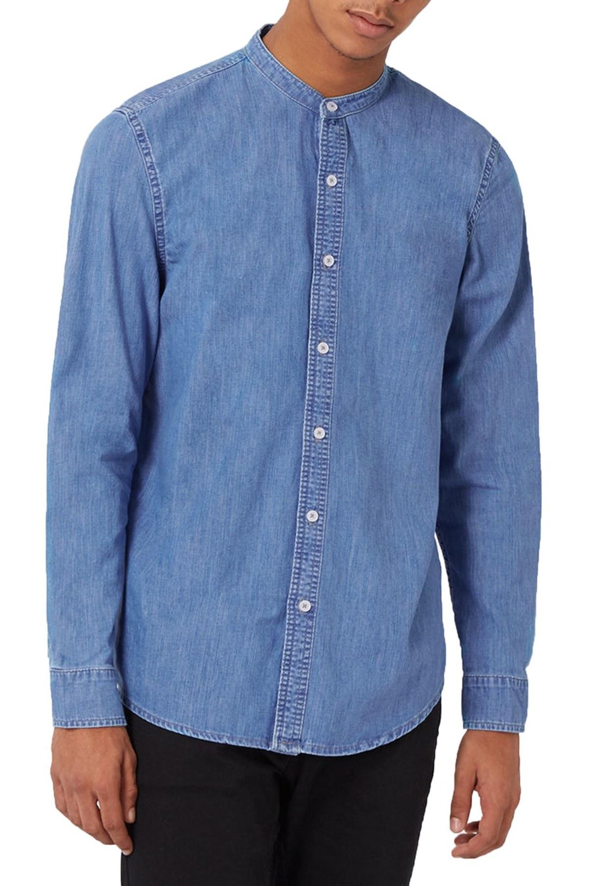 Topman Band Collar Denim Shirt in Blue for Men Lyst
