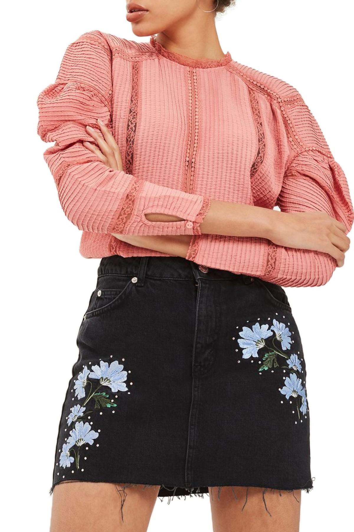 floral embroidered denim skirt