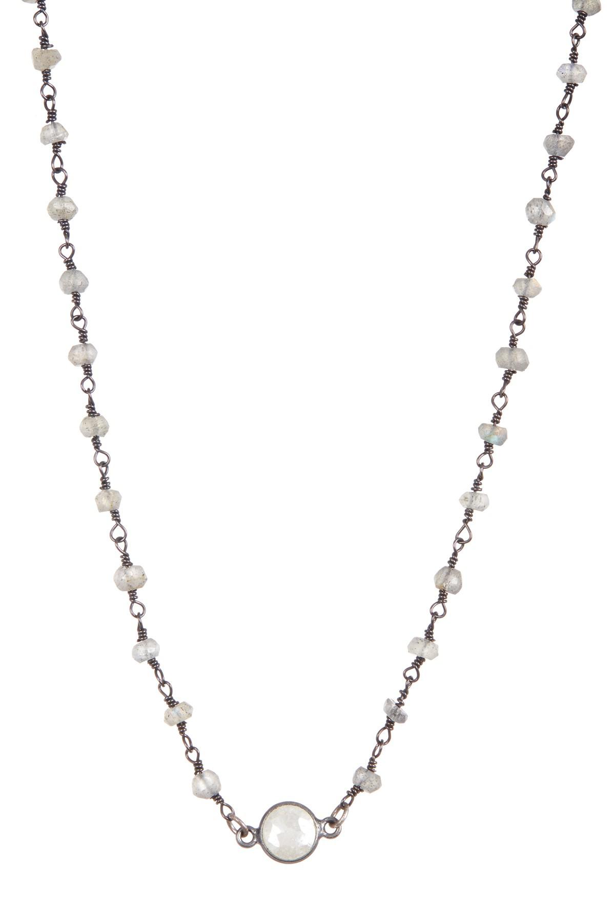 18-Inch Rhodium Plated Necklace with 4mm Amethyst Birthstone Beads and Sterling Silver Saint Dorothy Charm.