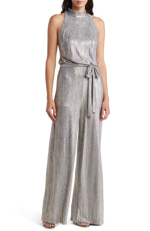 Vince Camuto Belted Wide Leg Metallic Jumpsuit in Gray Lyst
