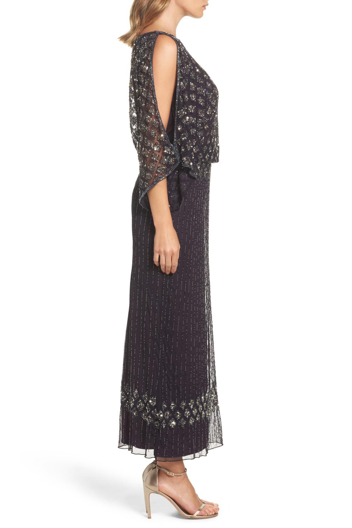 pisarro nights diamond motif mesh blouson gown