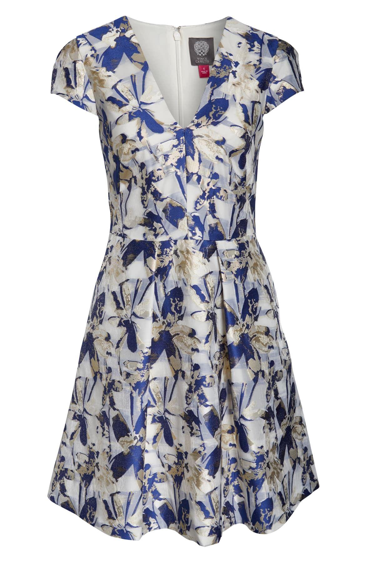 Vince Camuto Cap Sleeve Metallic Floral Print Jacquard Fit And Flare Dress in Gold (Blue) - Lyst