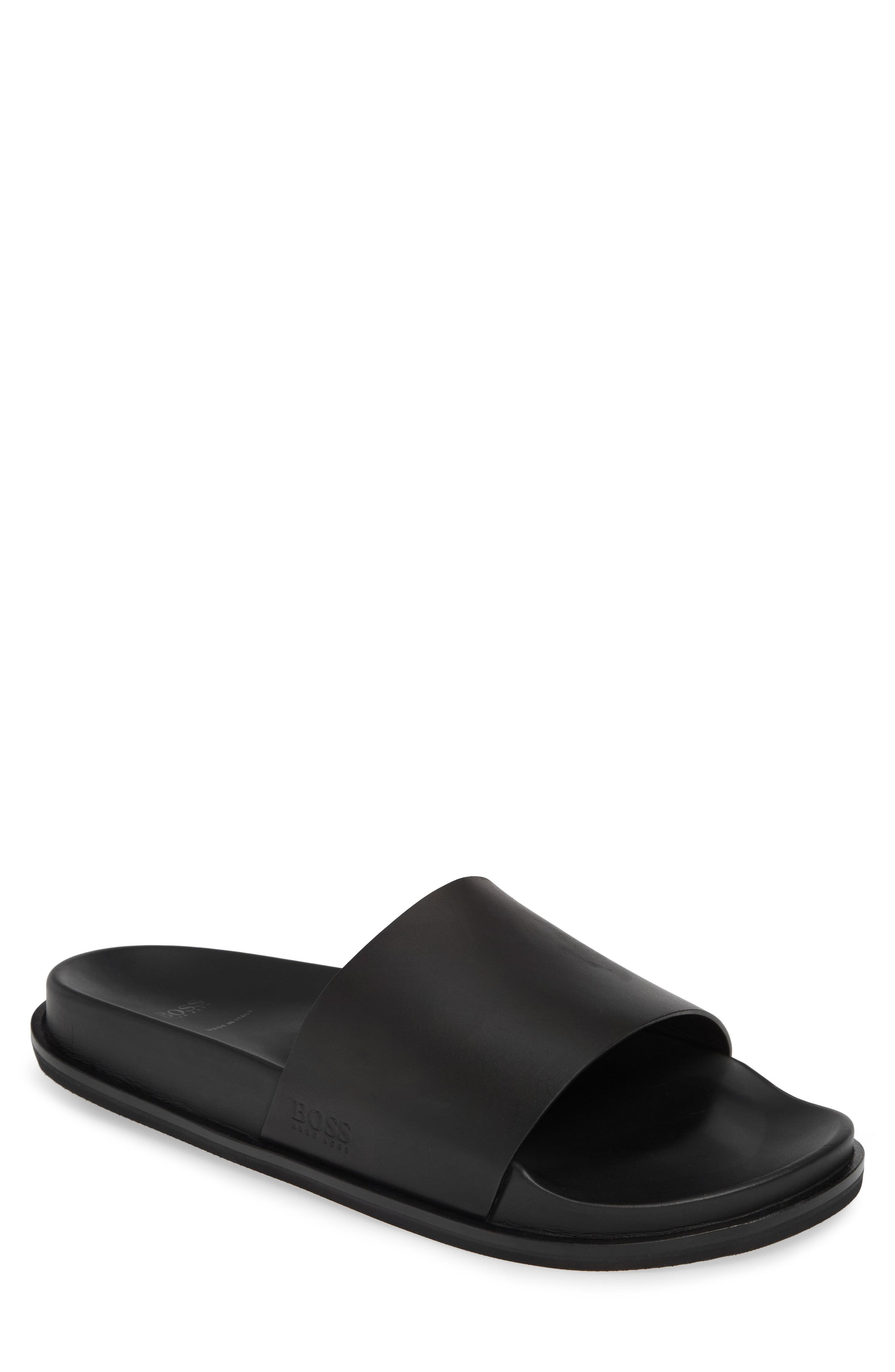 BOSS by Hugo Boss Cliff Leather Slide Sandal in Black Polished Leather