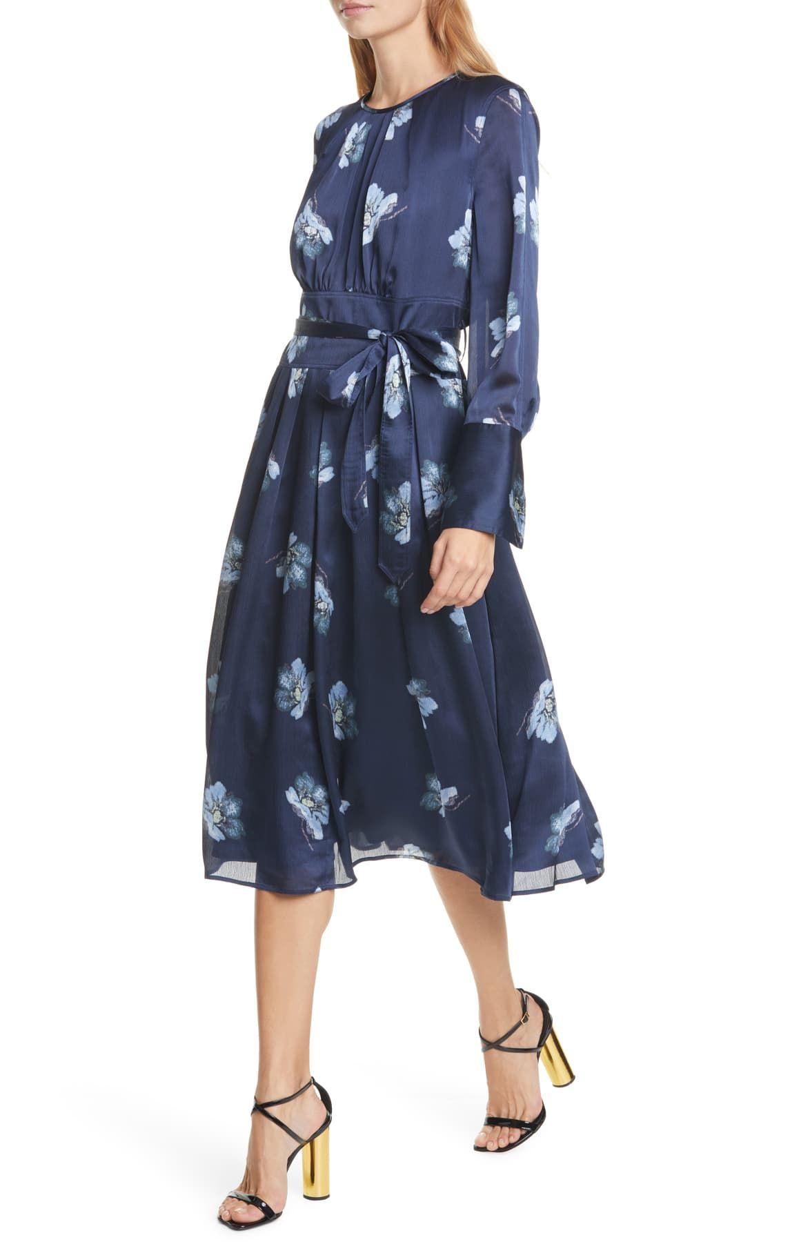 Floral Belted Long Sleeve Midi Dress ...