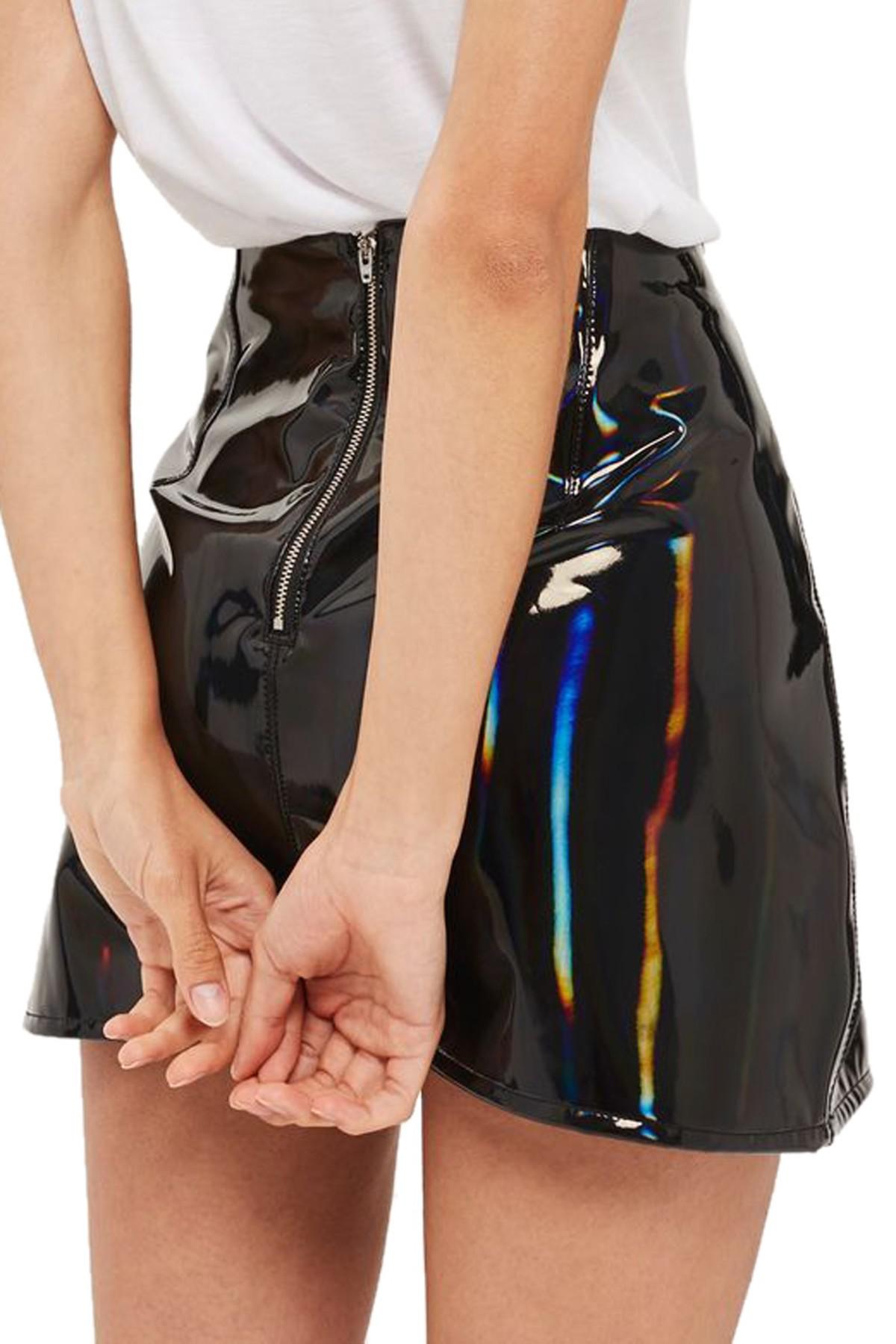 TOPSHOP Leather Holographic Vinyl A-line Skirt in Black | Lyst