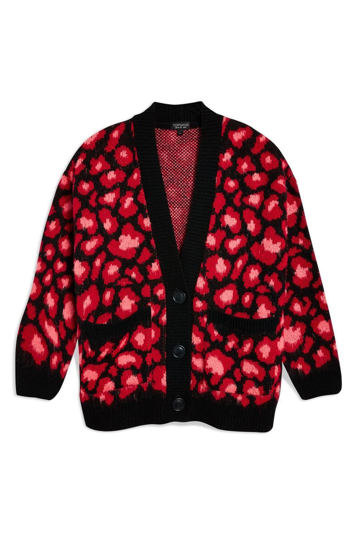 leopard cardigan with red trim