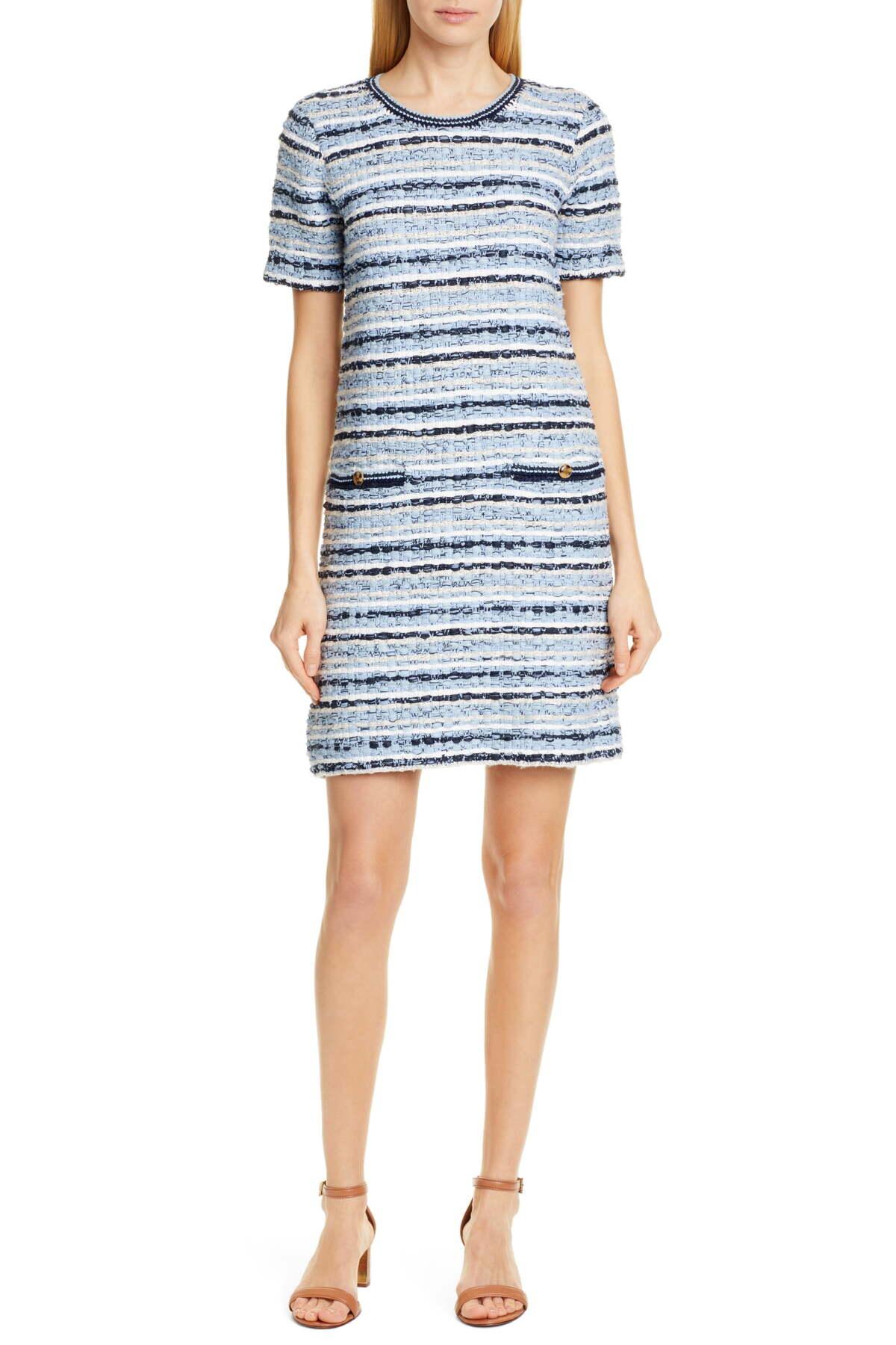 Tory Burch Short - Sleeve Tweed Shift Dress in Blue | Lyst