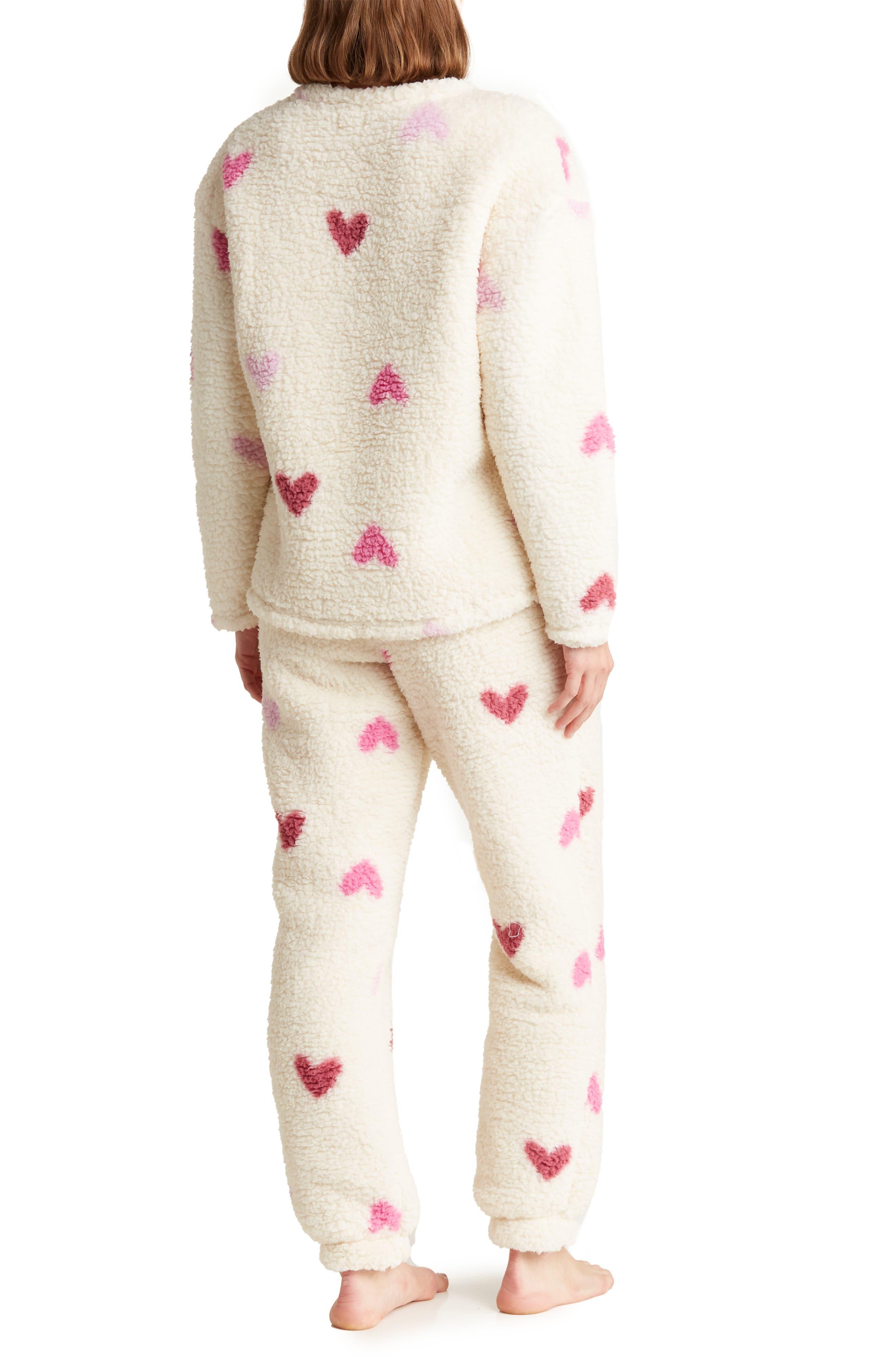Splendid Heart Print Faux Shearling Long Sleeve Top & Joggers Pajamas in  Natural