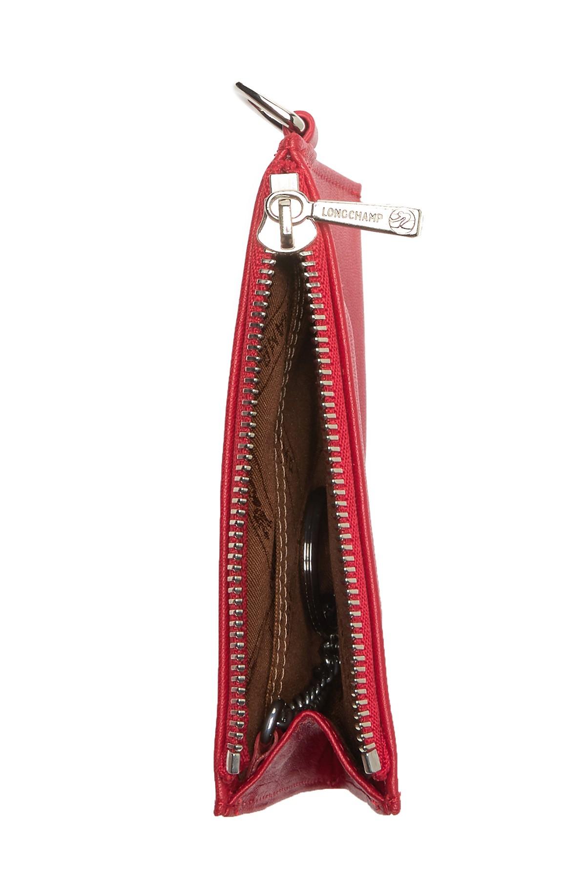 Longchamp Leather Coin Wallet With Key Ring in Red