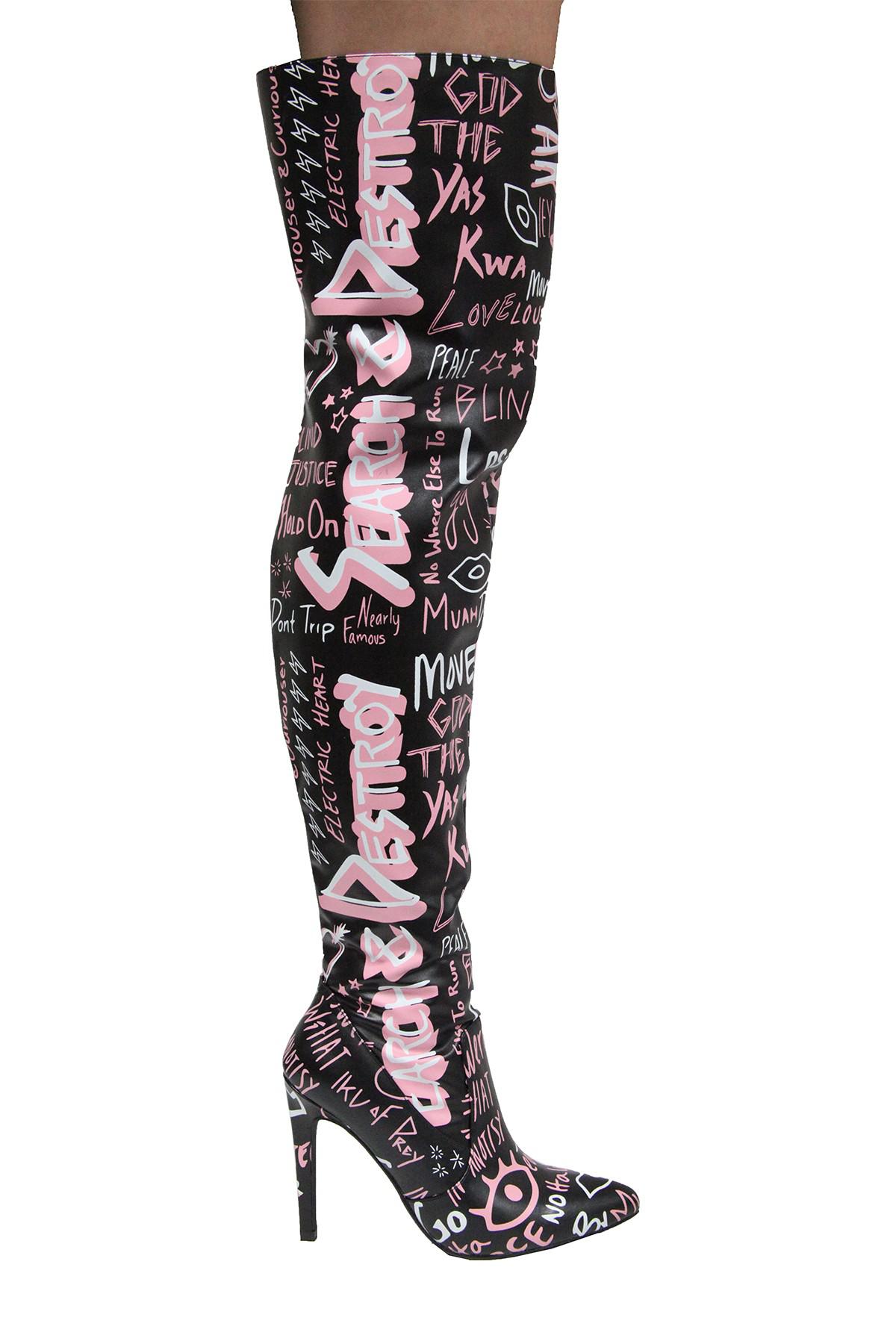 Cape Robbin Gigi Graffiti Thigh High Boot in Black | Lyst