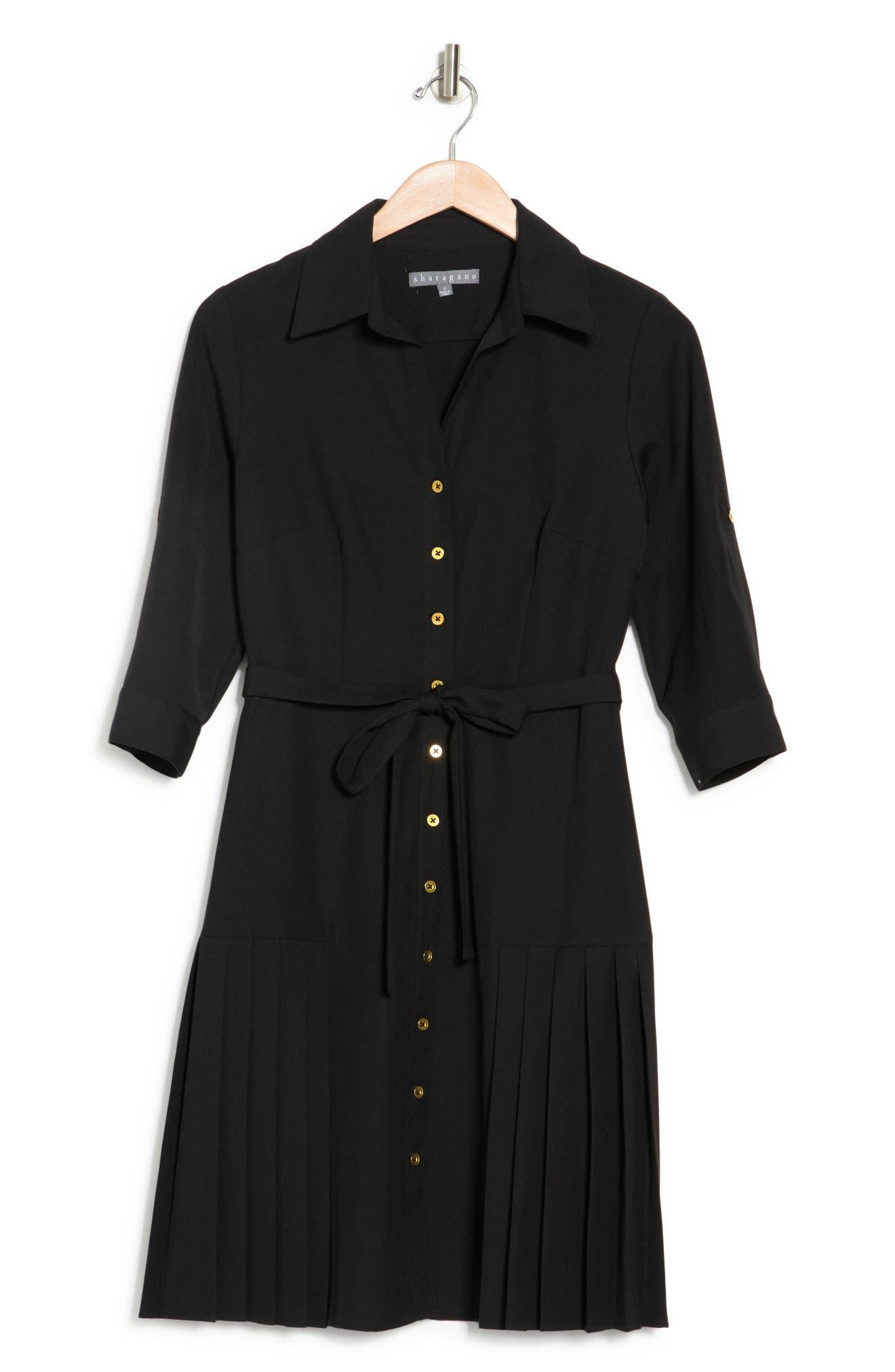 Sharagano Roll Sleeve Tie Waist Shirtdress in Black