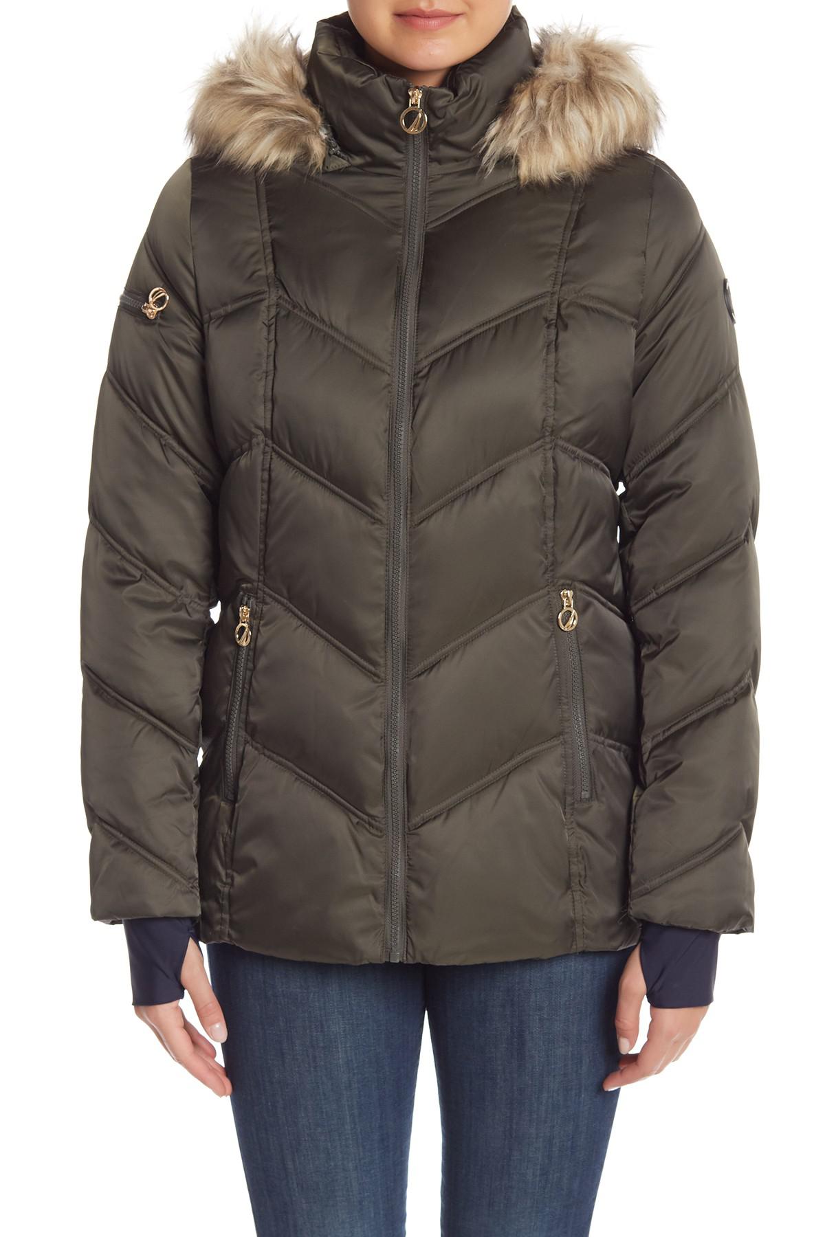 Nautica Faux Fur Trimmed Hooded Puffer Coat With Stretch - Lyst