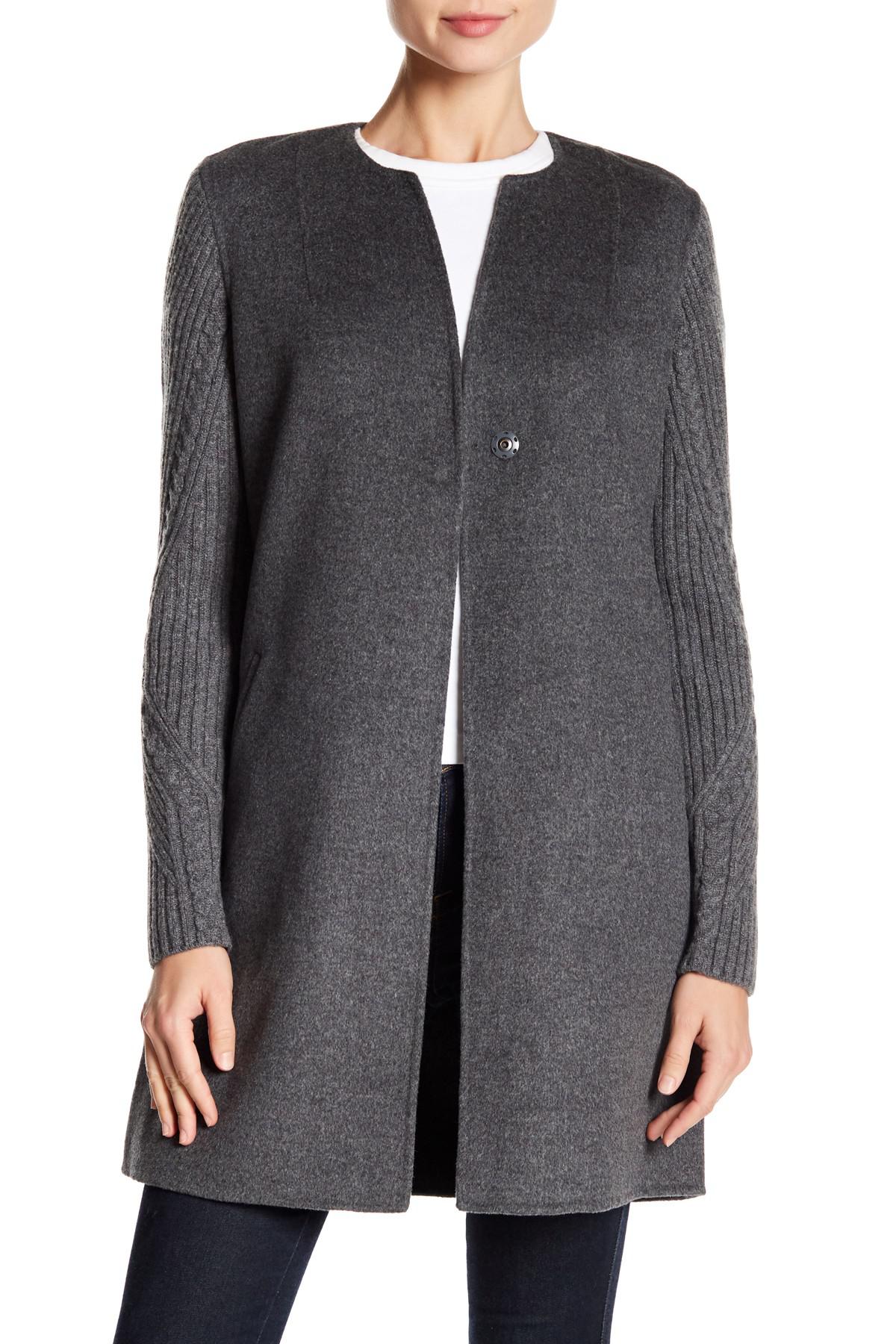 Kinross Cashmere Cable Knit Sleeve Wool & Cashmere Blend Coat in Gray