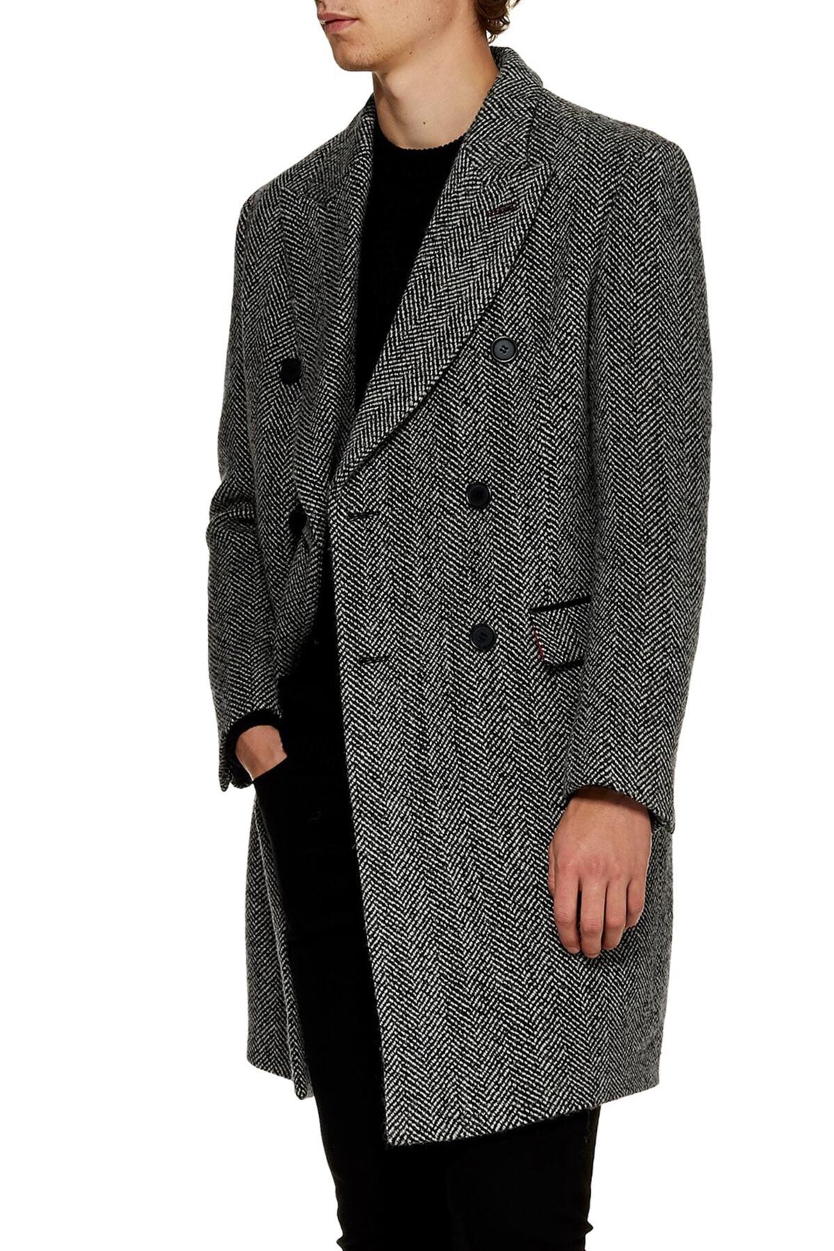 TOPMAN Grey Wool Blend Herringbone Double Breasted Overcoat in Gray for ...